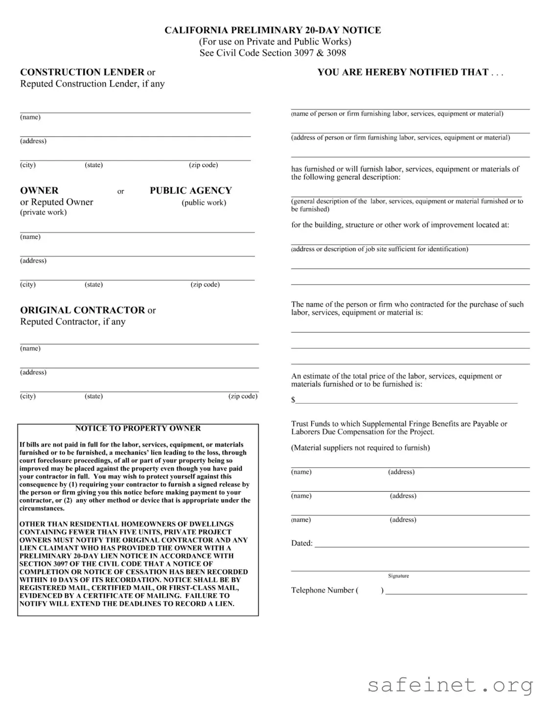 Blank California Preliminary 20 Day Notice Template