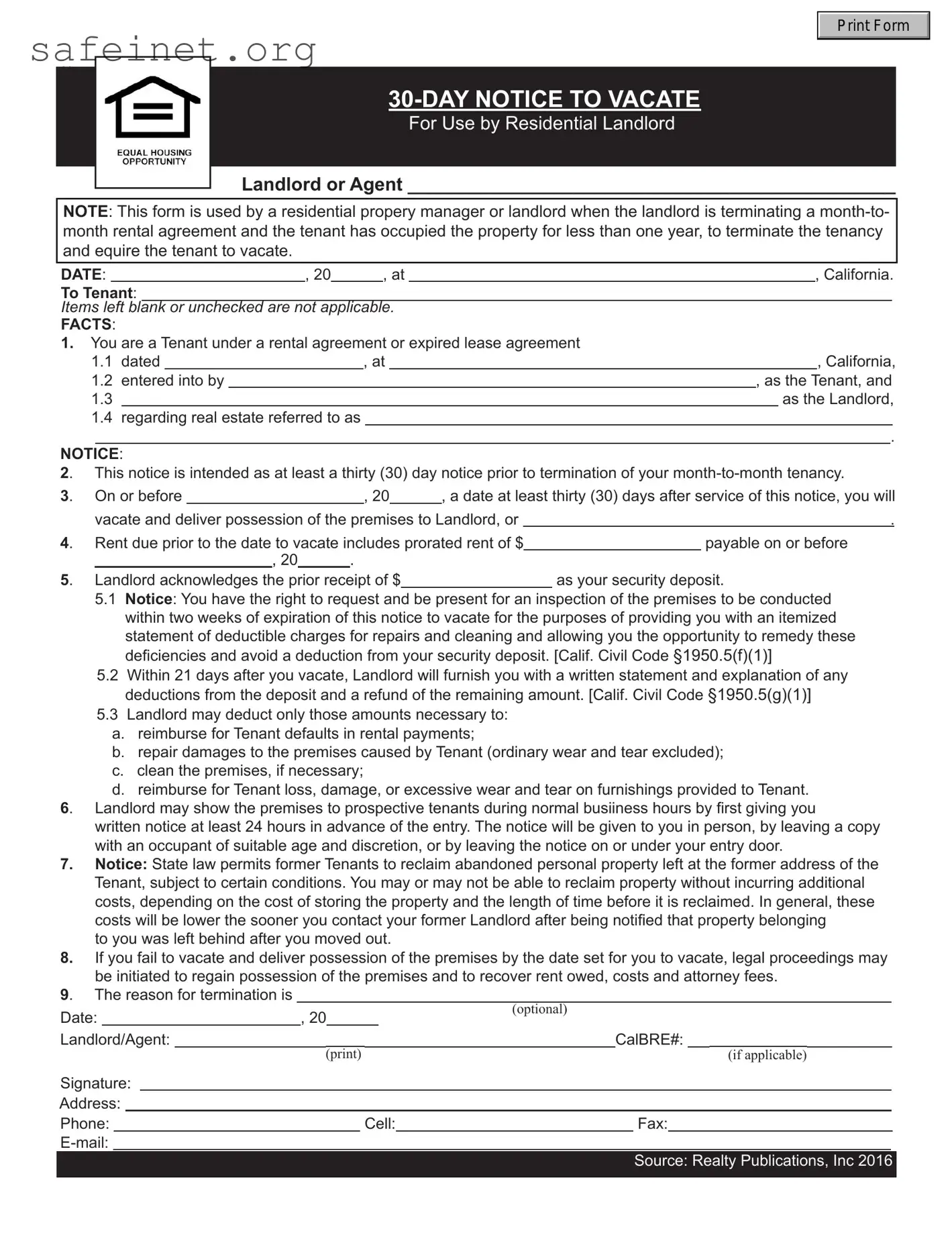 Blank 30-Day Notice To Vacate Template