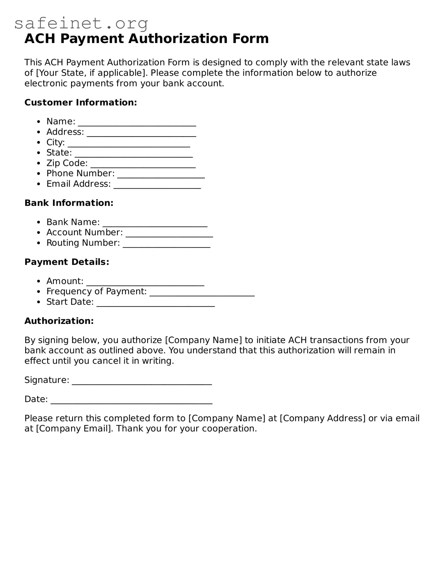 Official ACH Payment Authorization Form Document