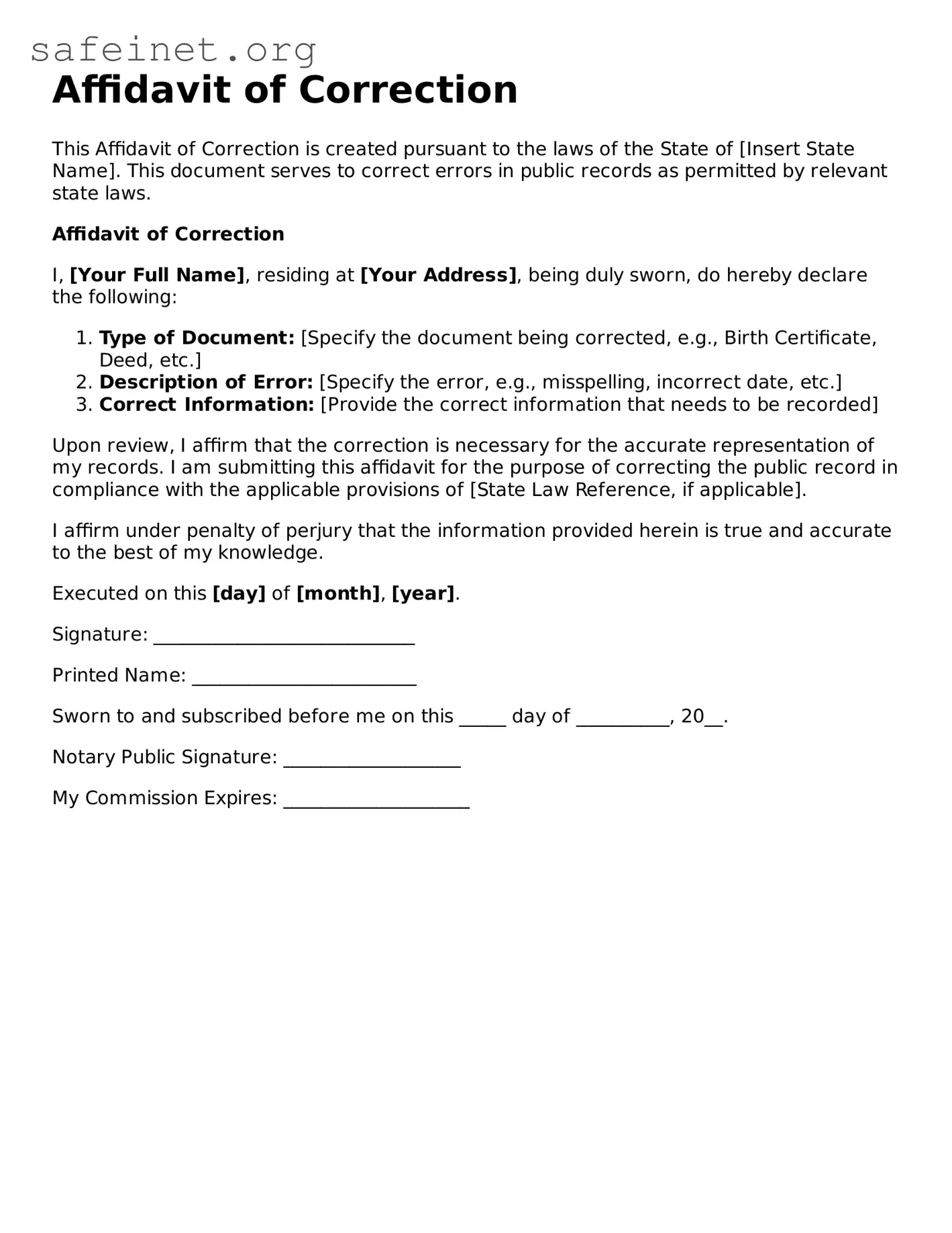 Official Affidavit of Correction Document