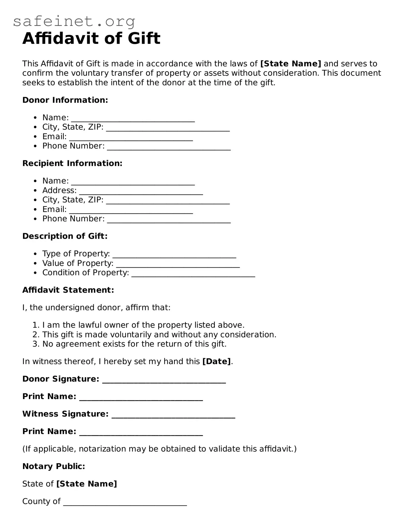 Official Affidavit of Gift Document