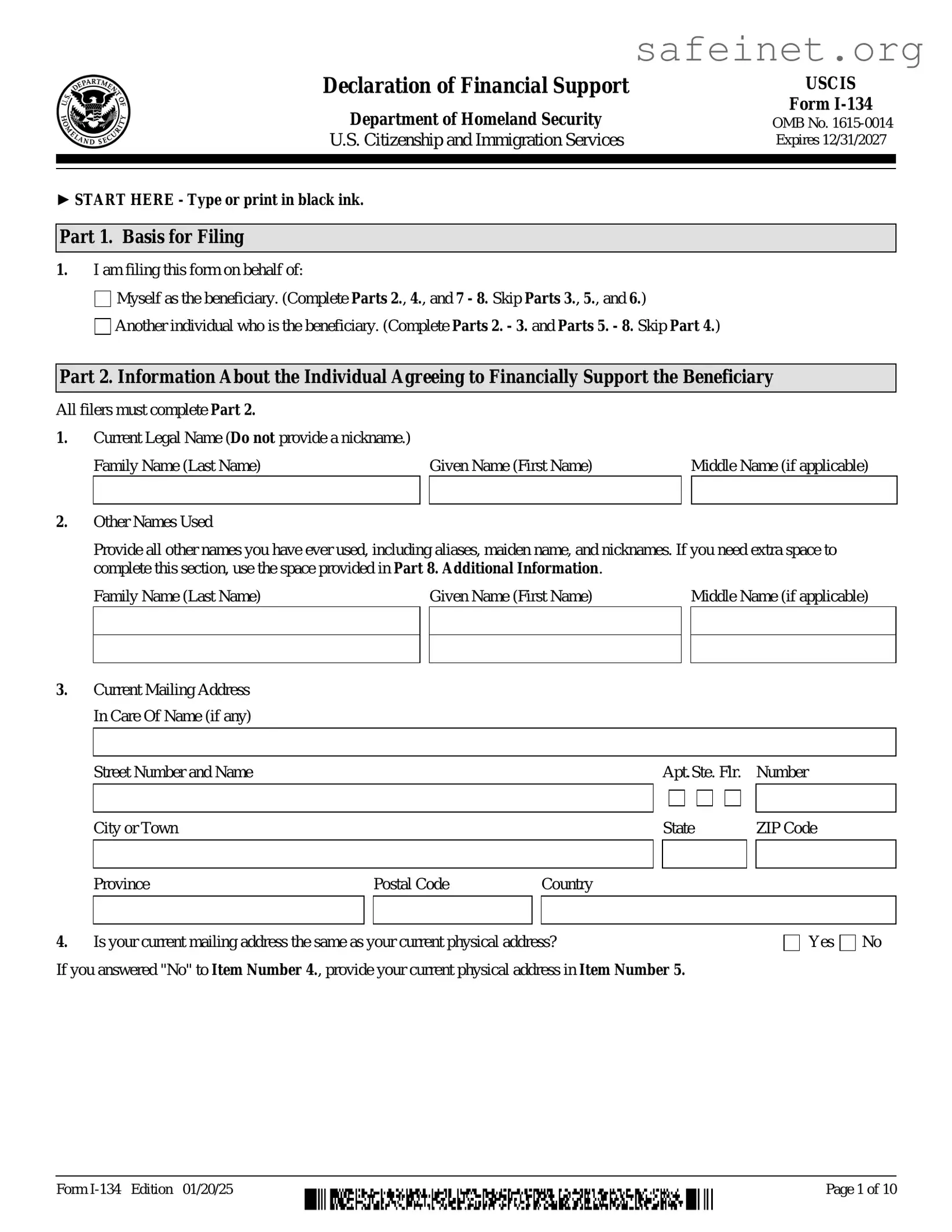 Blank USCIS I-864 Template