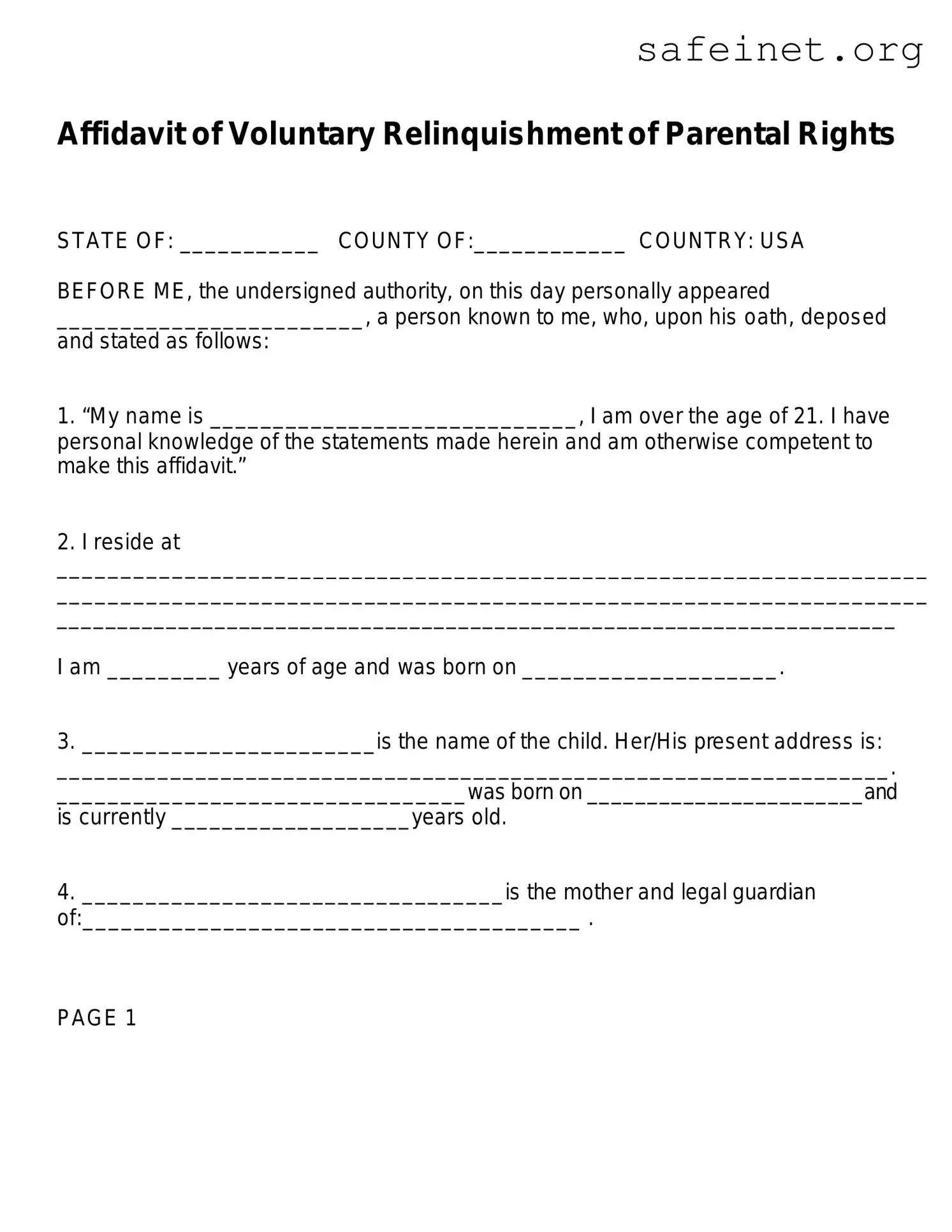 Blank Affidavit Parental Rights Template
