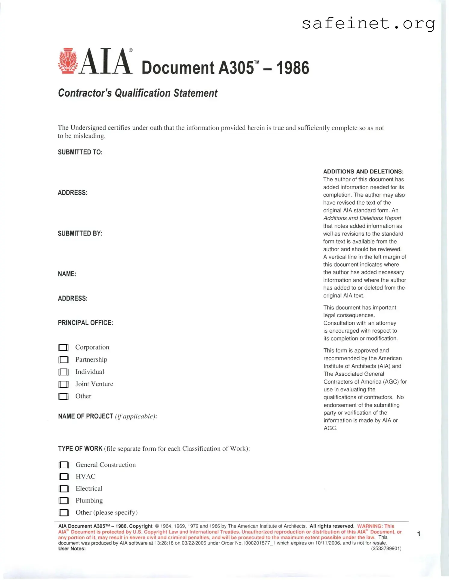 Blank AIA A305 Template