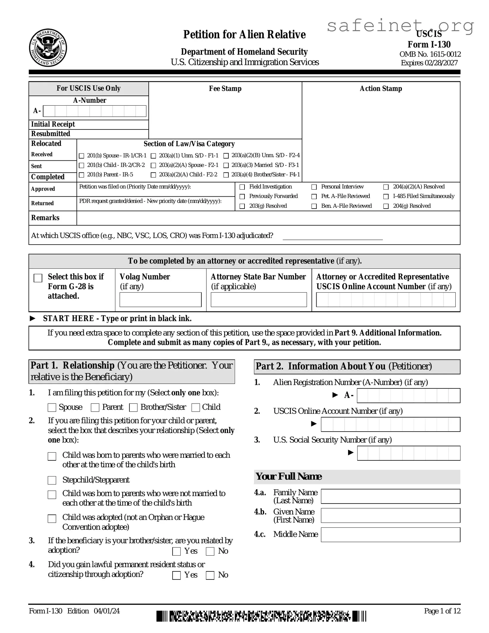 Blank USCIS I-130 Template