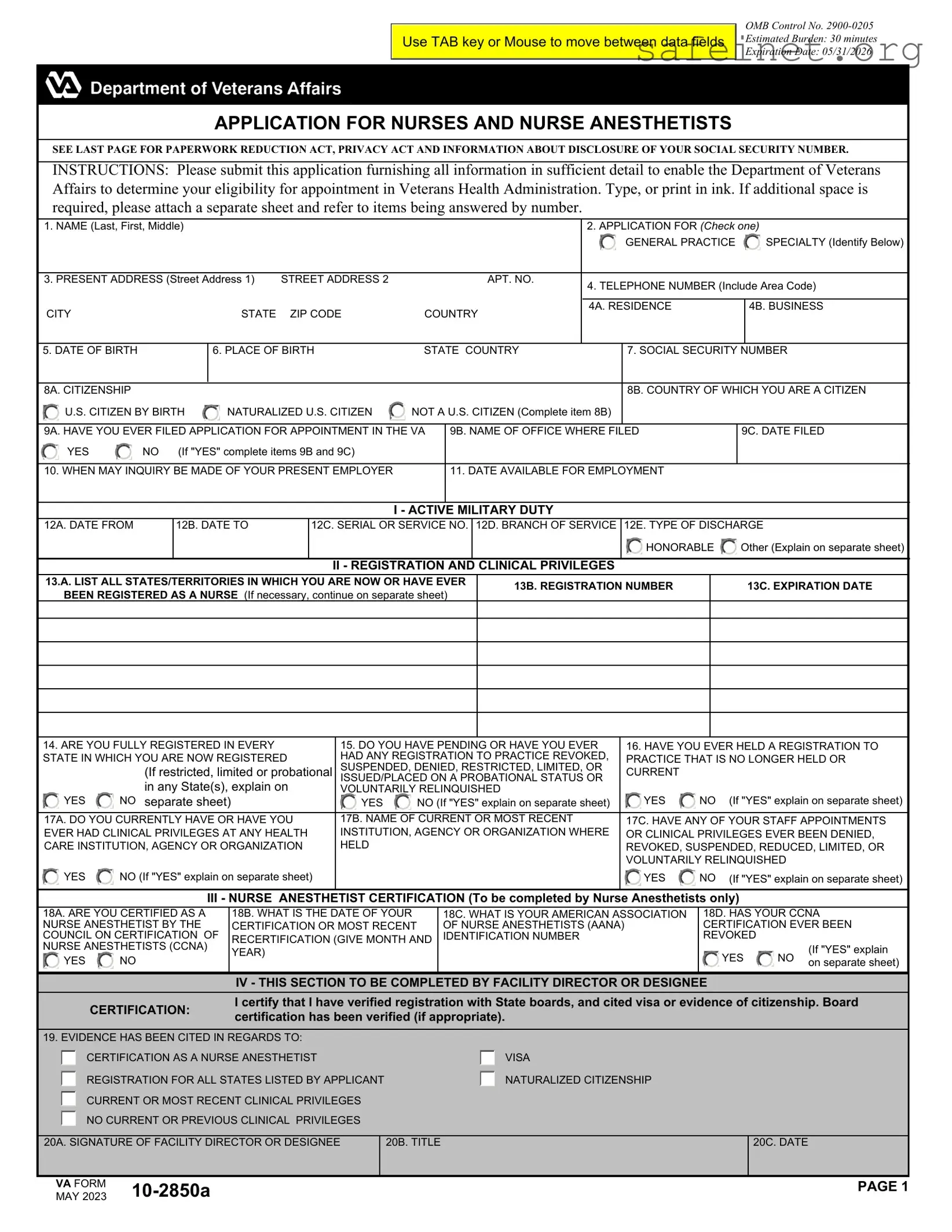 Blank VA 10-2850a Template