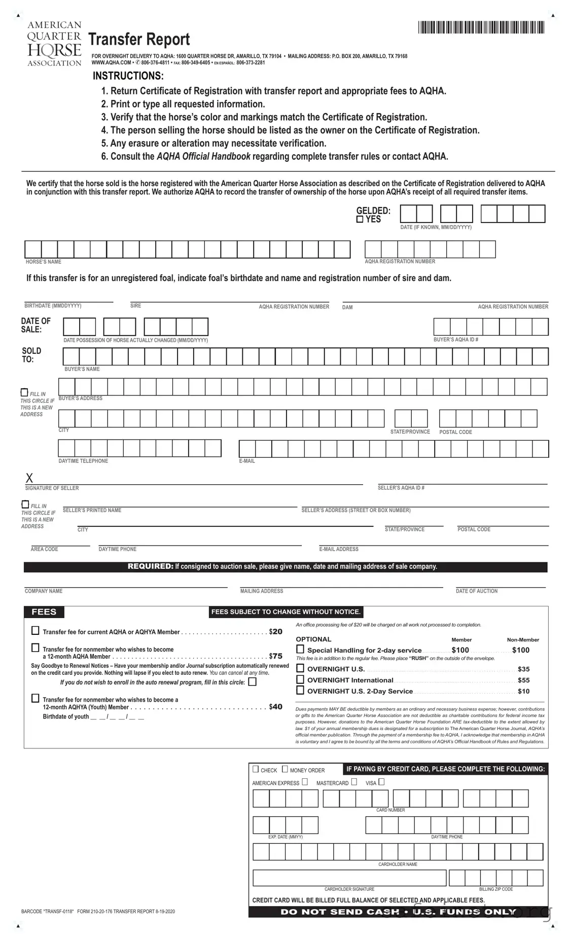 Blank AQHA transfer form Template
