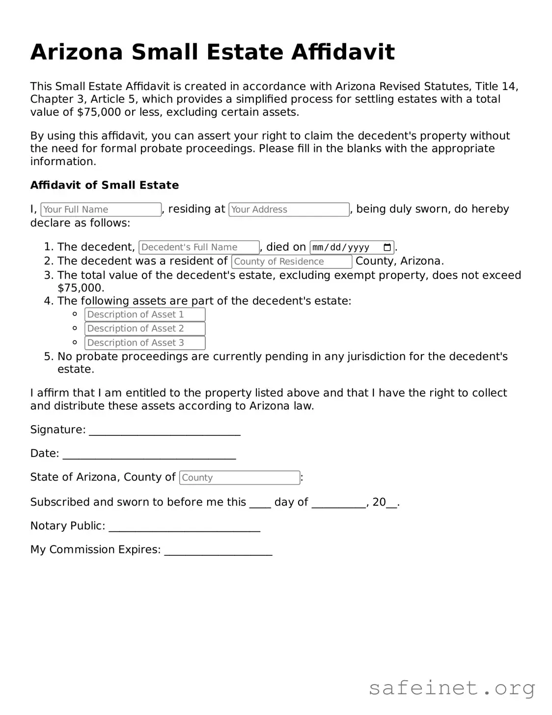 Valid Small Estate Affidavit Template for the State of Arizona