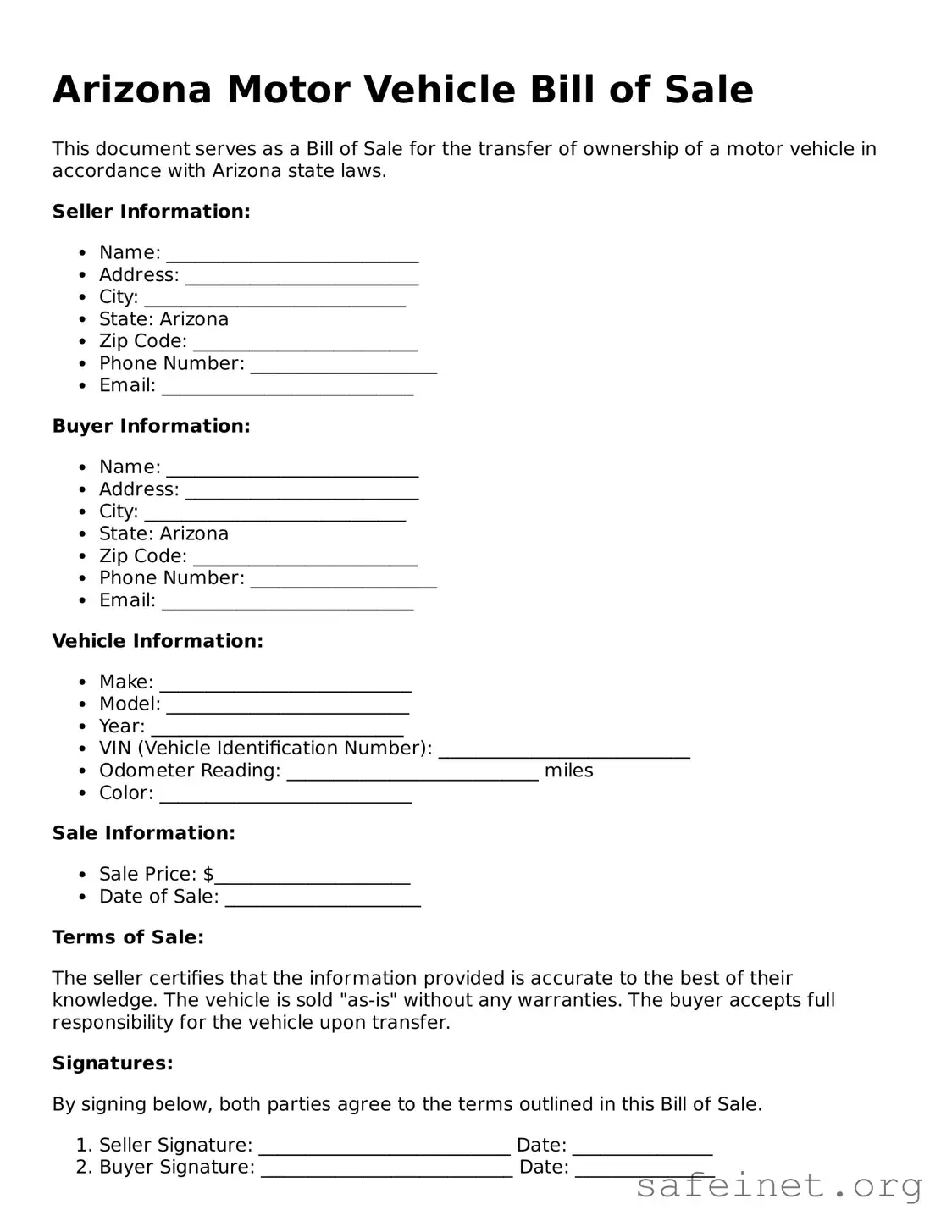 Valid Motor Vehicle Bill of Sale Template for the State of Arizona
