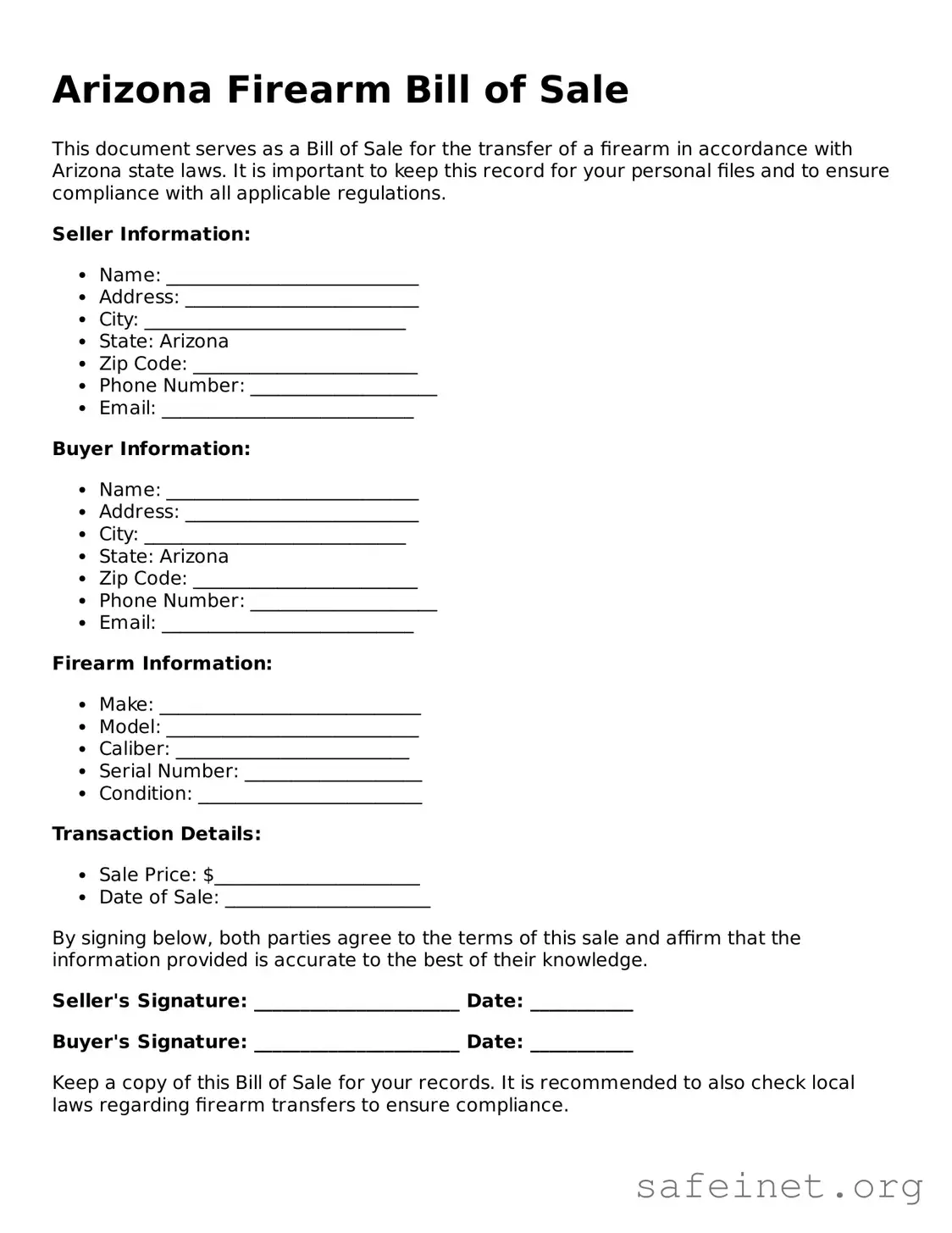 Valid Firearm Bill of Sale Template for the State of Arizona