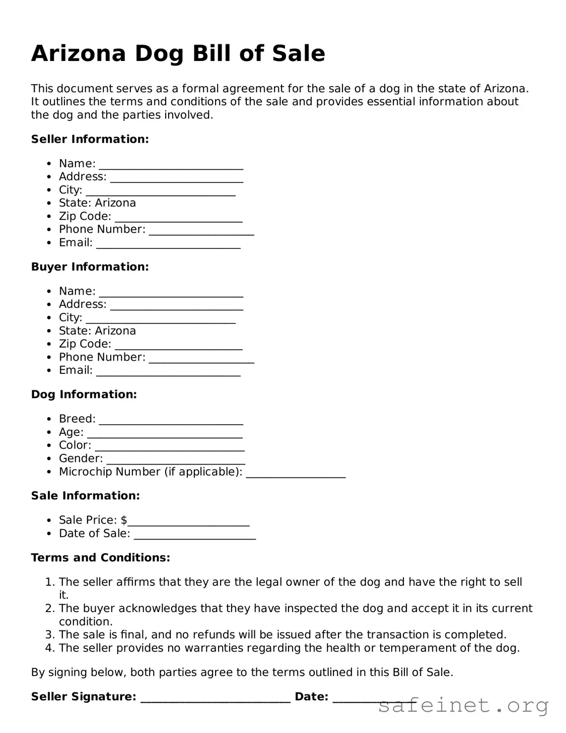 Valid Dog Bill of Sale Template for the State of Arizona