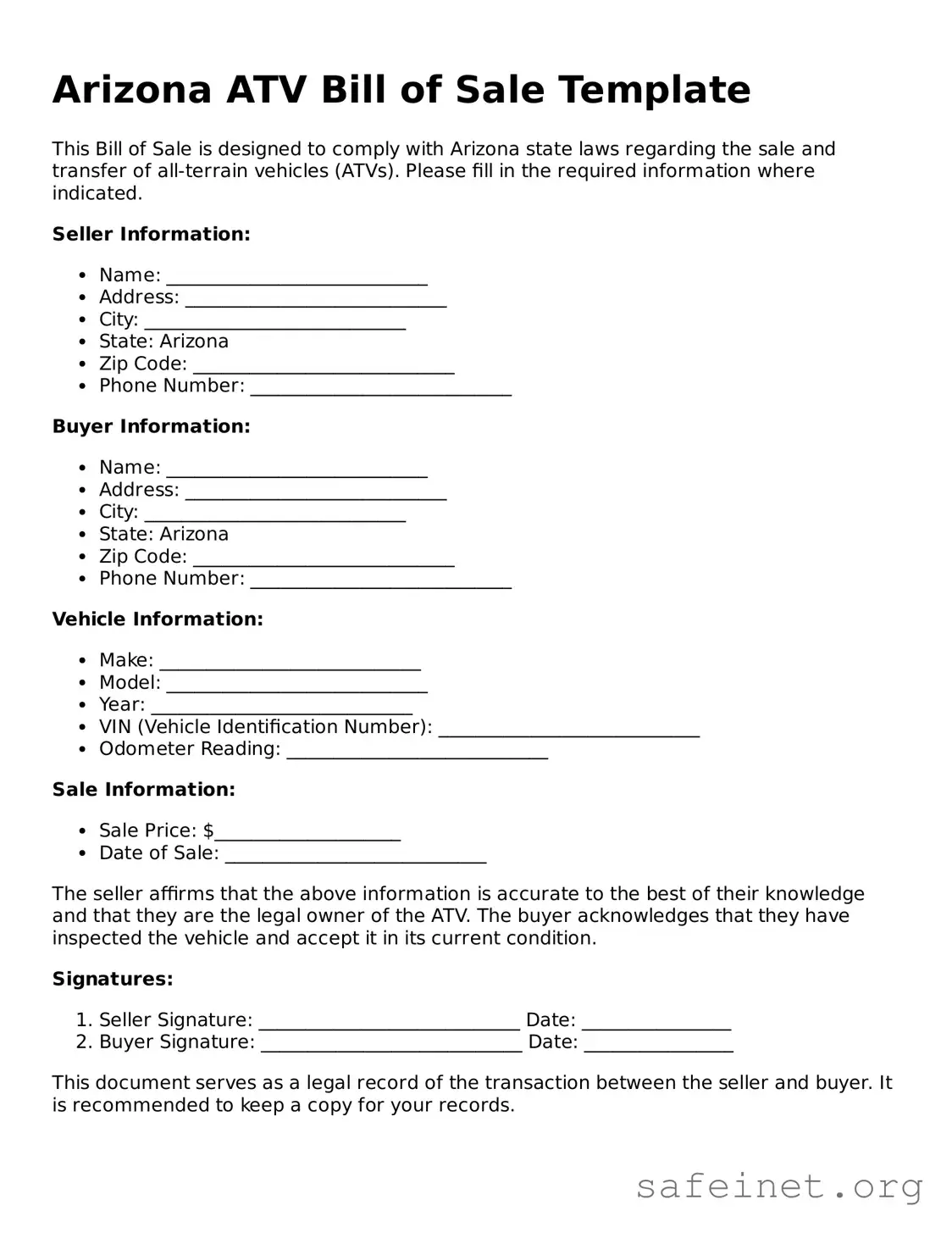Valid ATV Bill of Sale Template for the State of Arizona