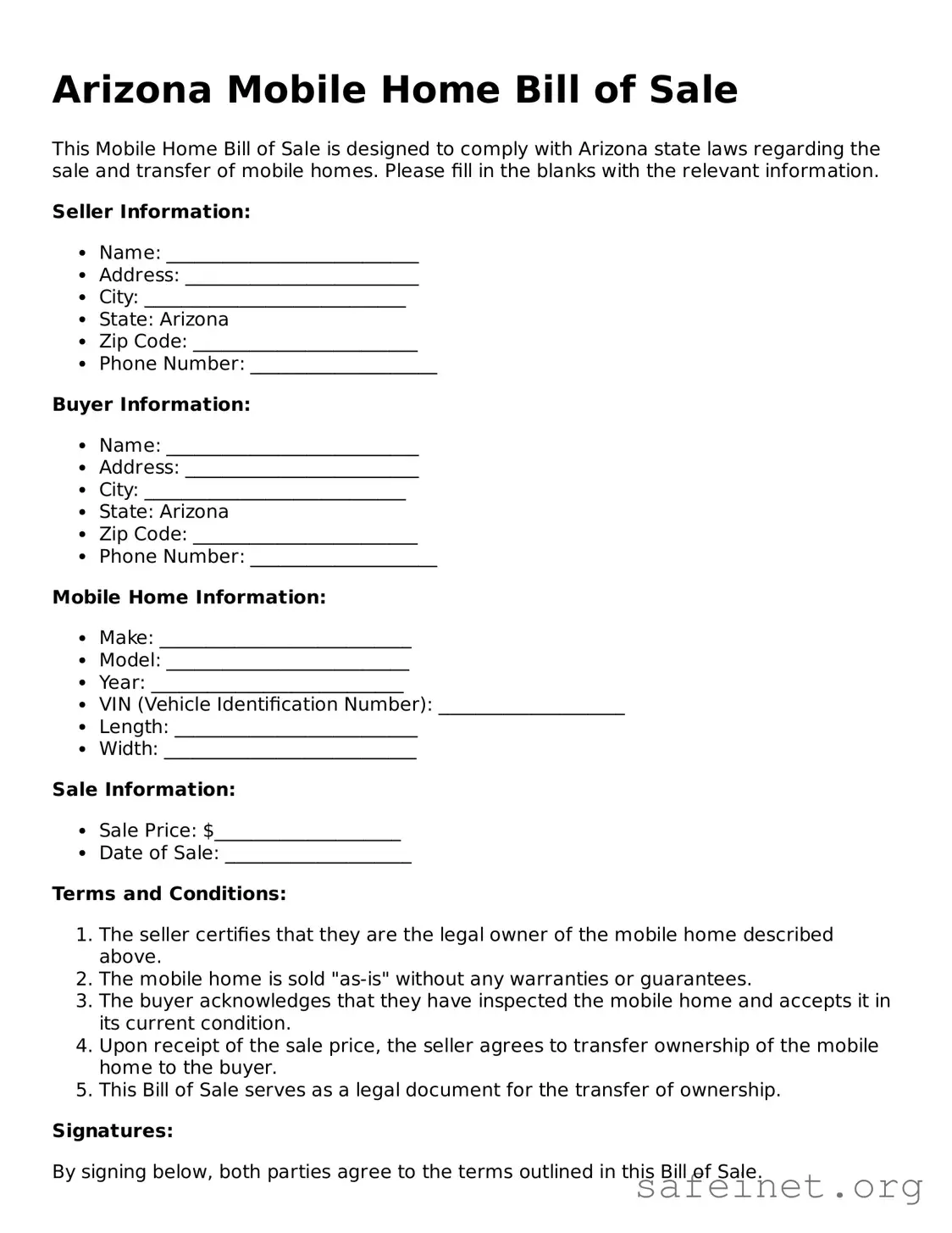 Valid Mobile Home Bill of Sale Template for the State of Arizona