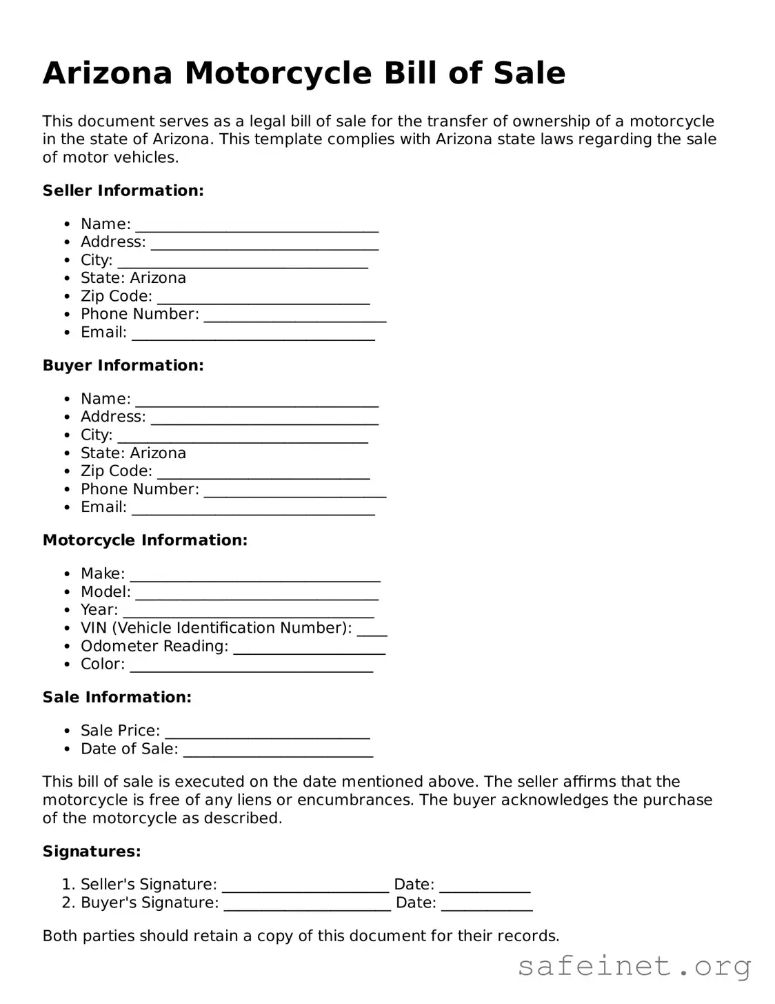 Valid Motorcycle Bill of Sale Template for the State of Arizona