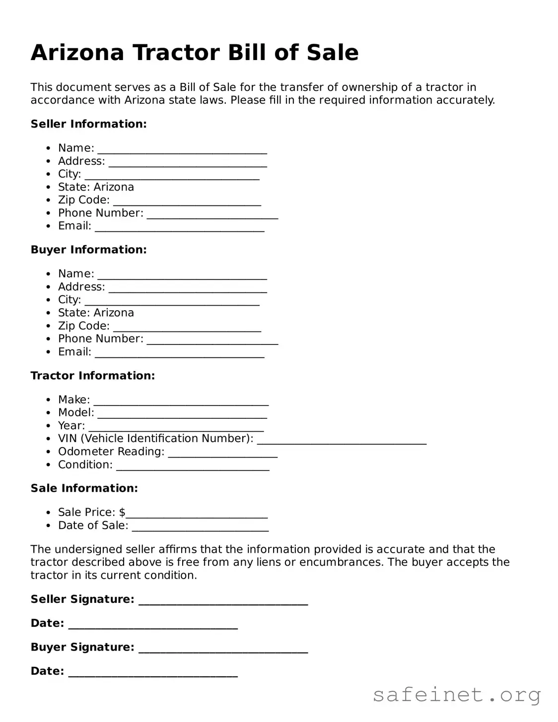 Valid Tractor Bill of Sale Template for the State of Arizona