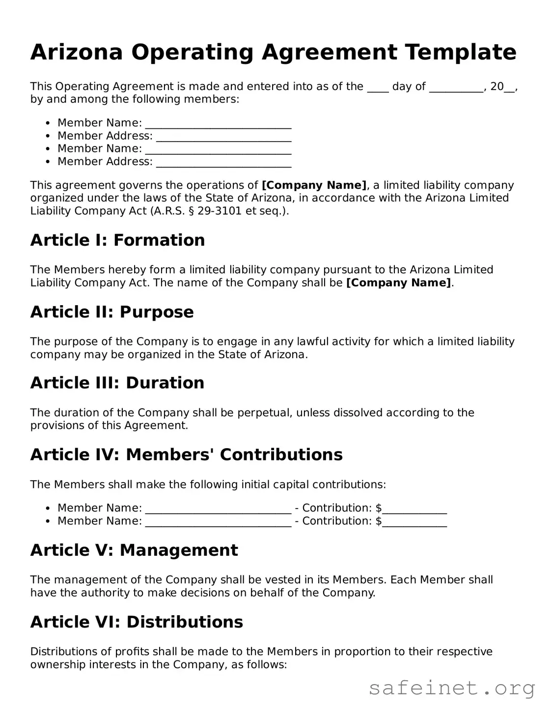 Valid Operating Agreement Template for the State of Arizona