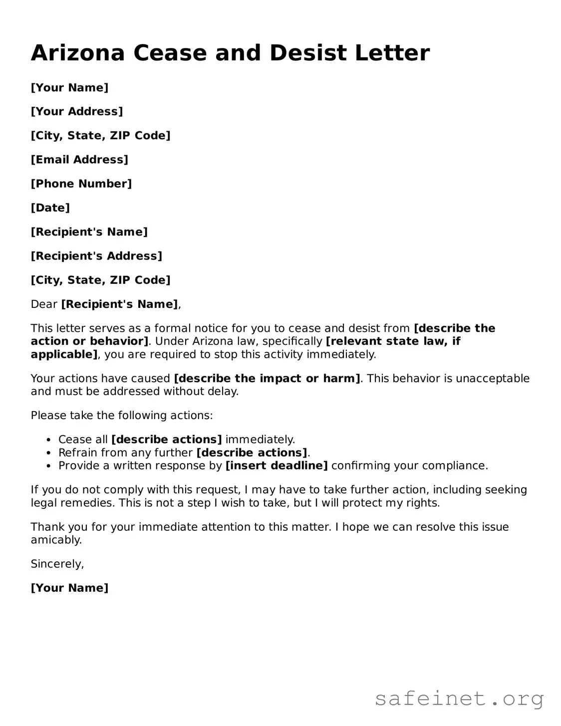 Valid Cease and Desist Letter Template for the State of Arizona