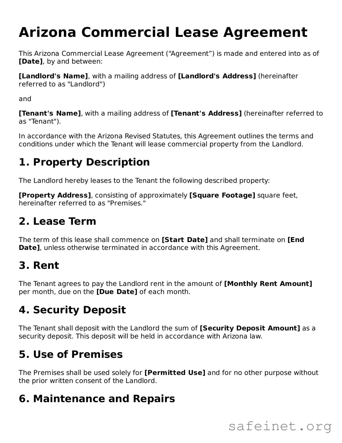 Valid Commercial Lease Agreement Template for the State of Arizona