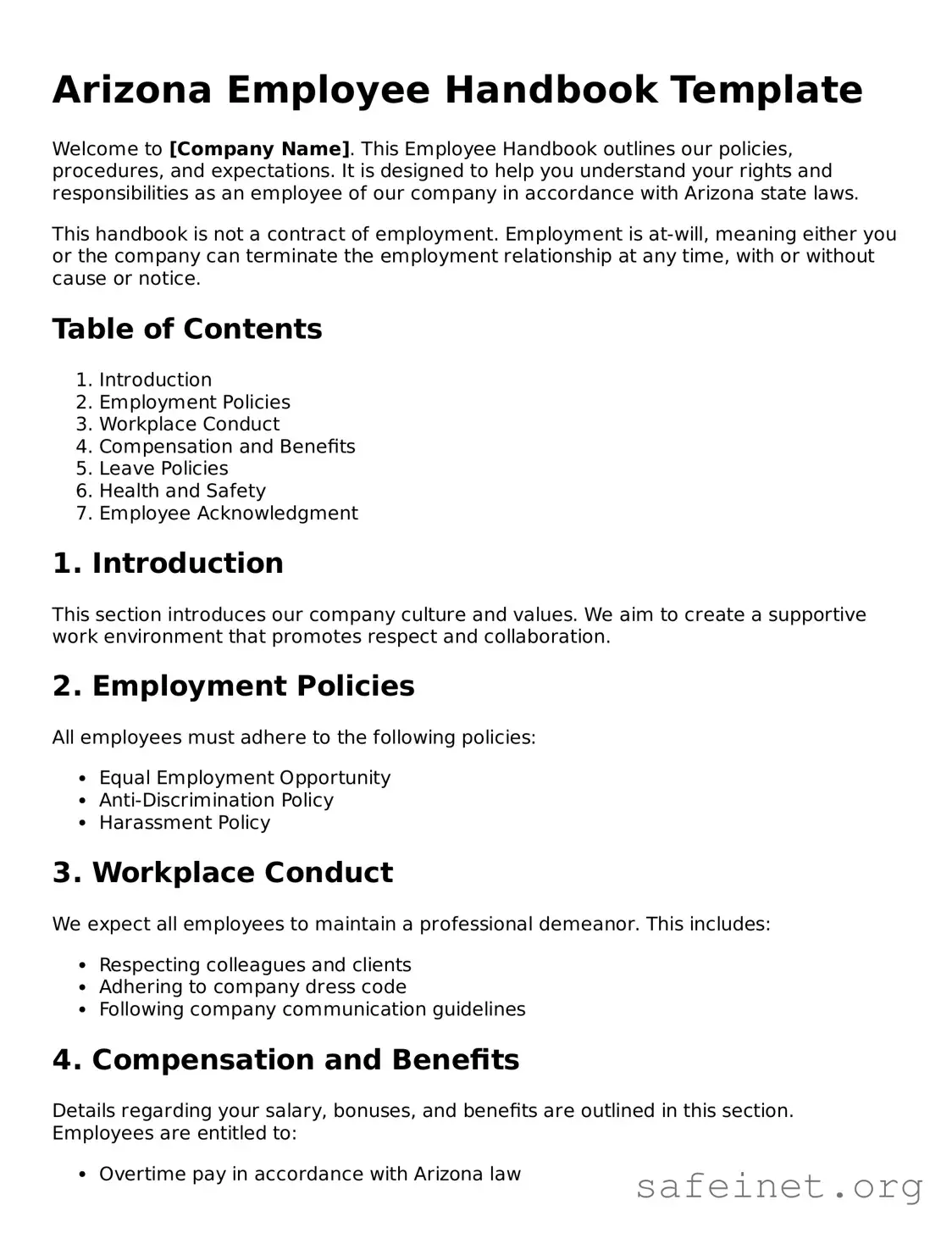 Valid Employee Handbook Template for the State of Arizona