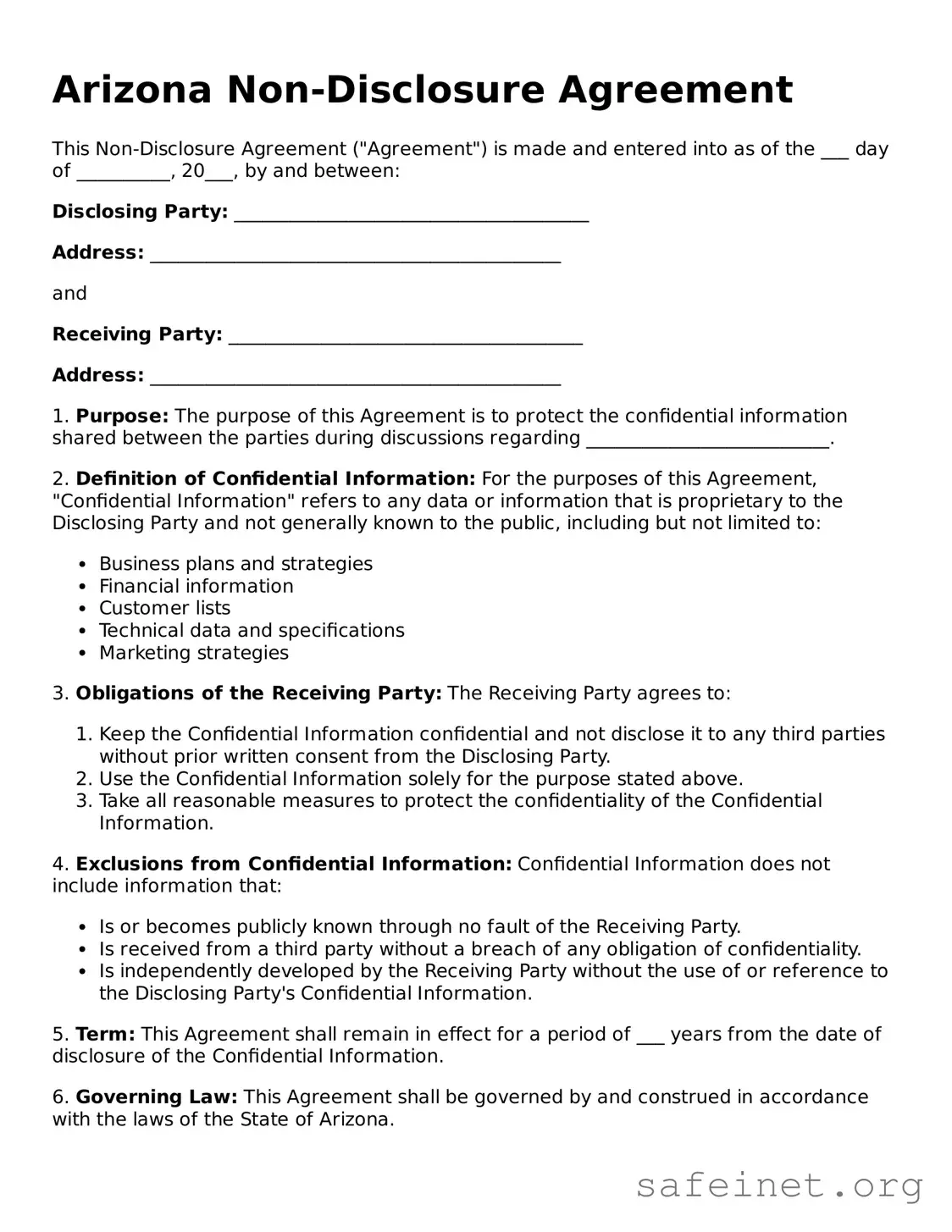 Valid Non-disclosure Agreement Template for the State of Arizona