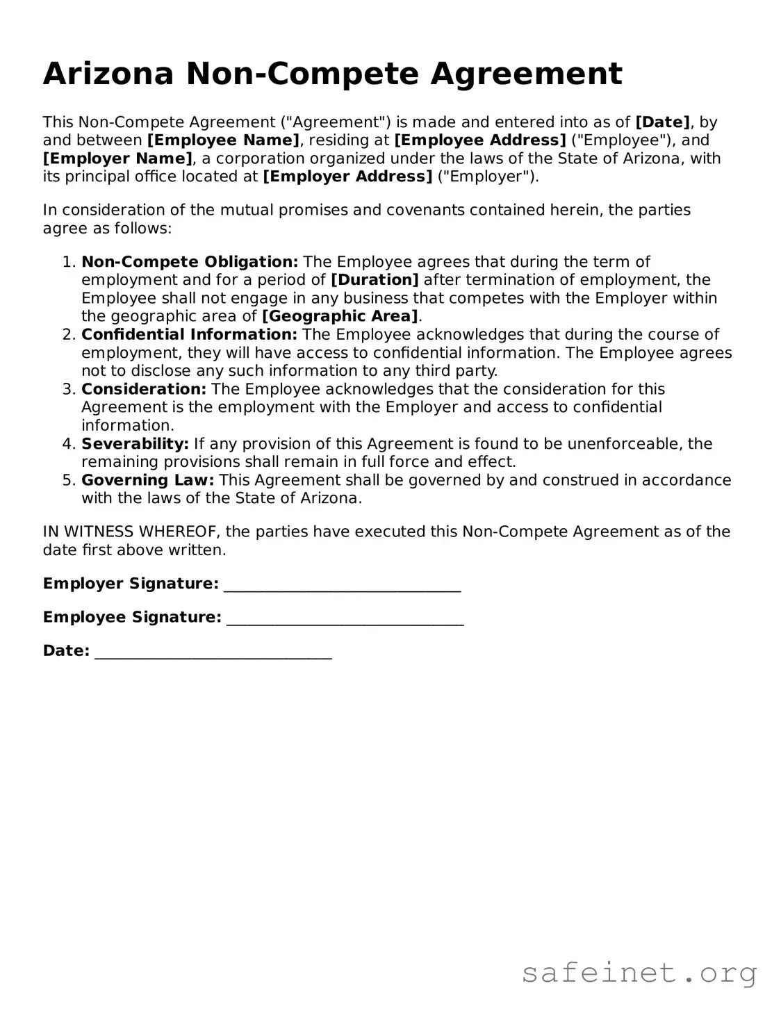 Valid Non-compete Agreement Template for the State of Arizona