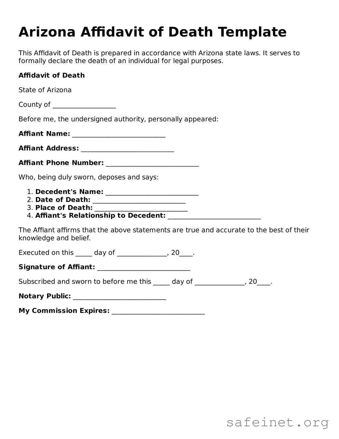 Valid Affidavit of Death Template for the State of Arizona