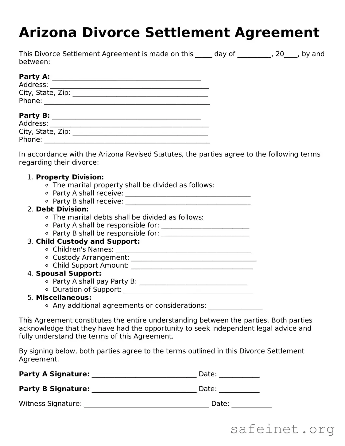 Valid Divorce Settlement Agreement Template for the State of Arizona