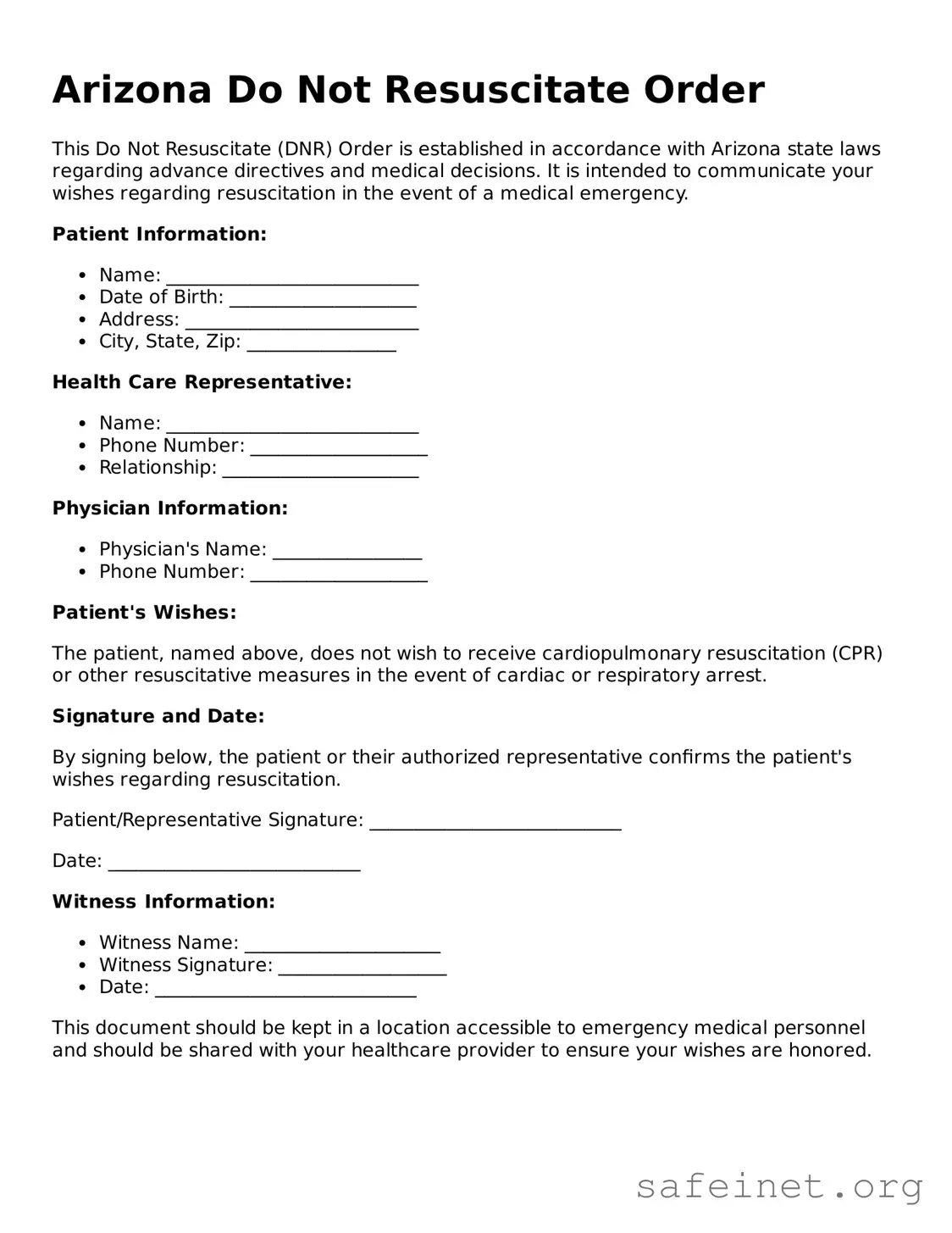 Valid Do Not Resuscitate Order Template for the State of Arizona