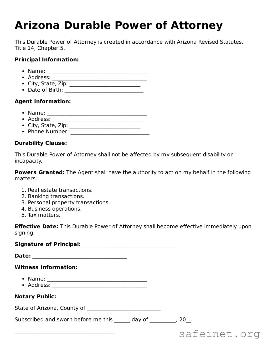 Valid Durable Power of Attorney Template for the State of Arizona