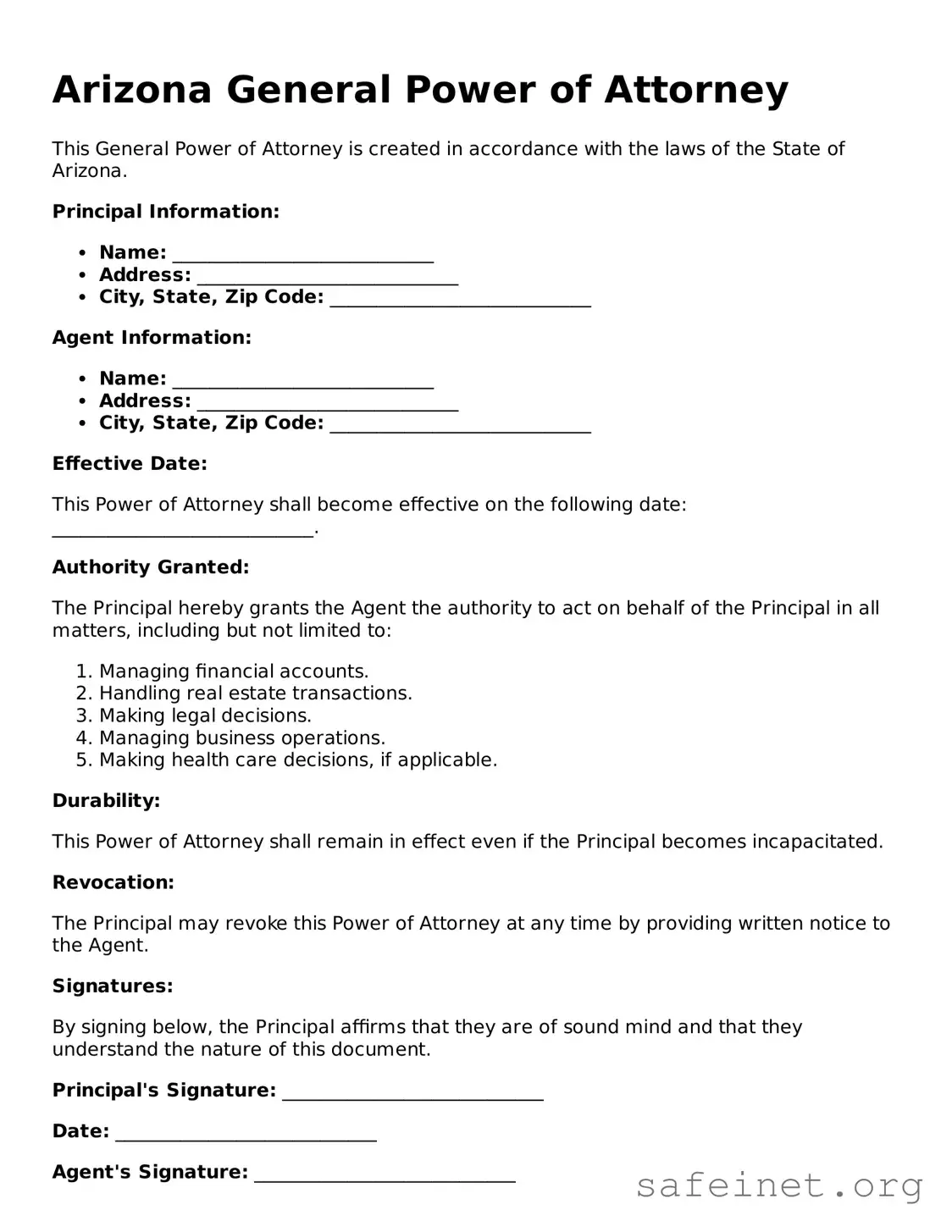 Valid General Power of Attorney Template for the State of Arizona
