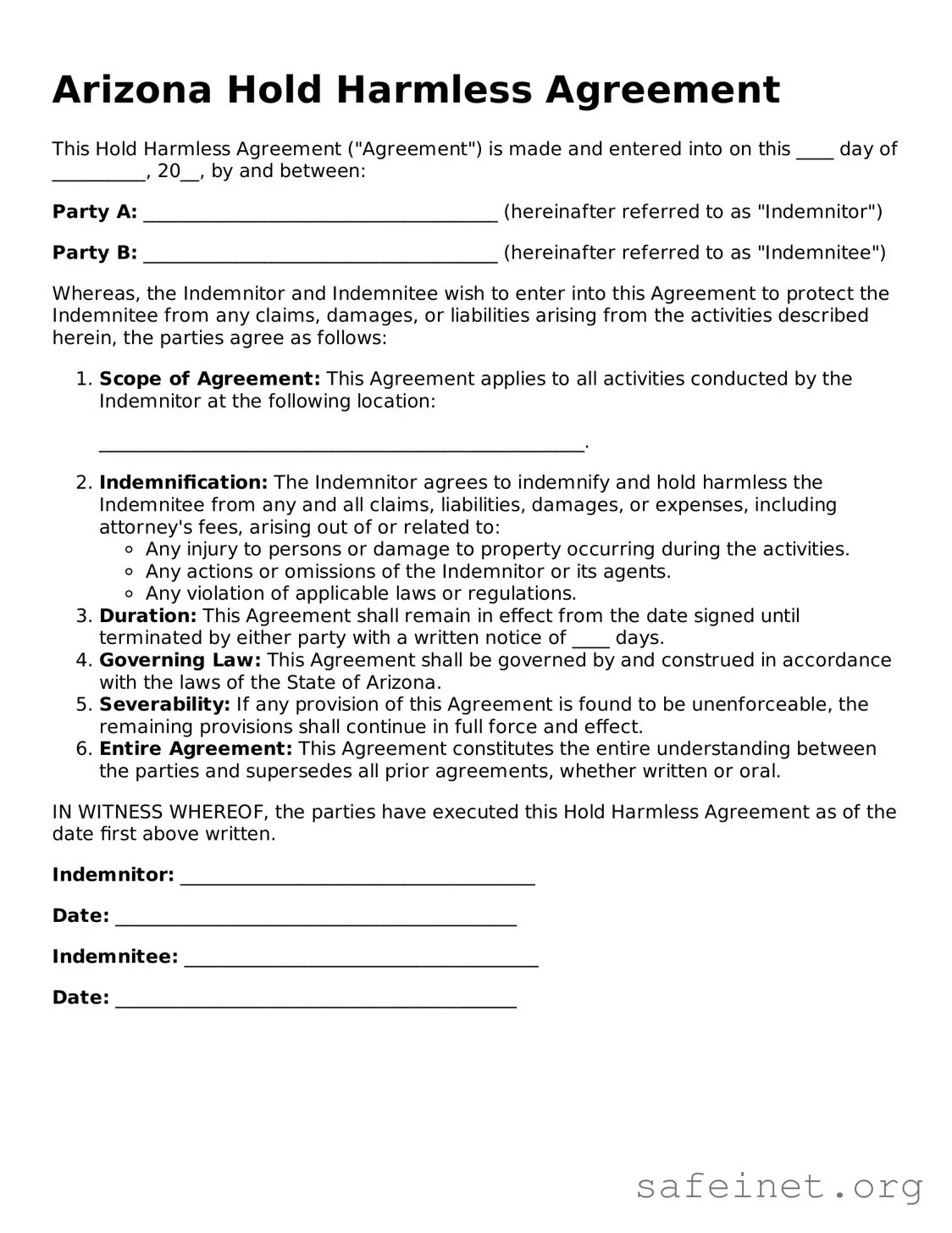 Valid Hold Harmless Agreement Template for the State of Arizona