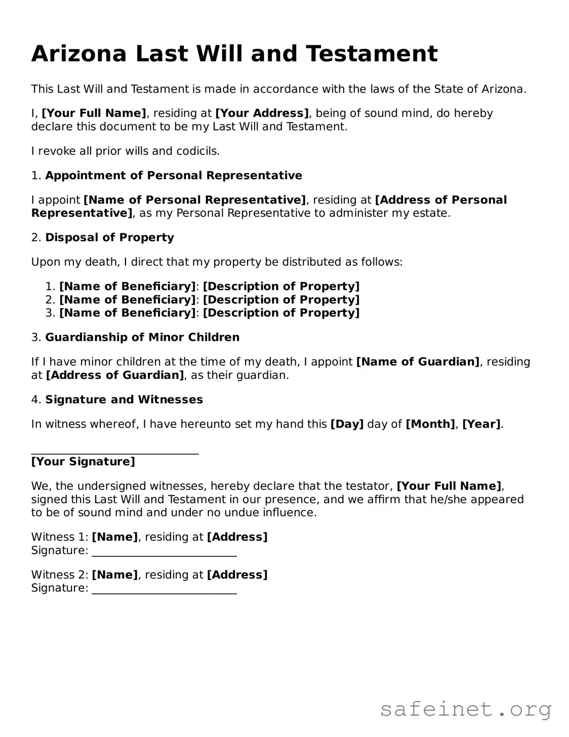 Valid Last Will and Testament Template for the State of Arizona