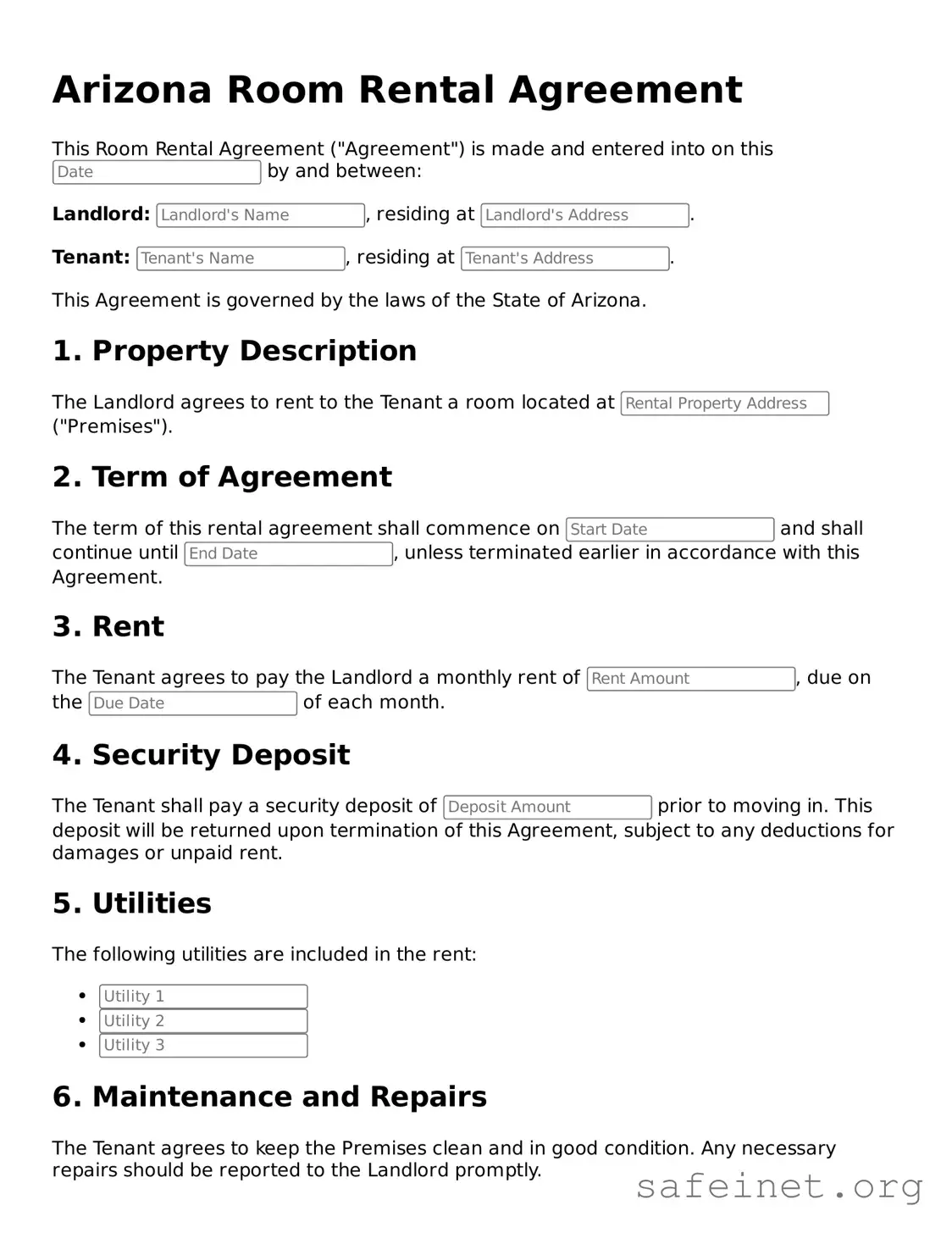 Valid Room Rental Agreement Template for the State of Arizona