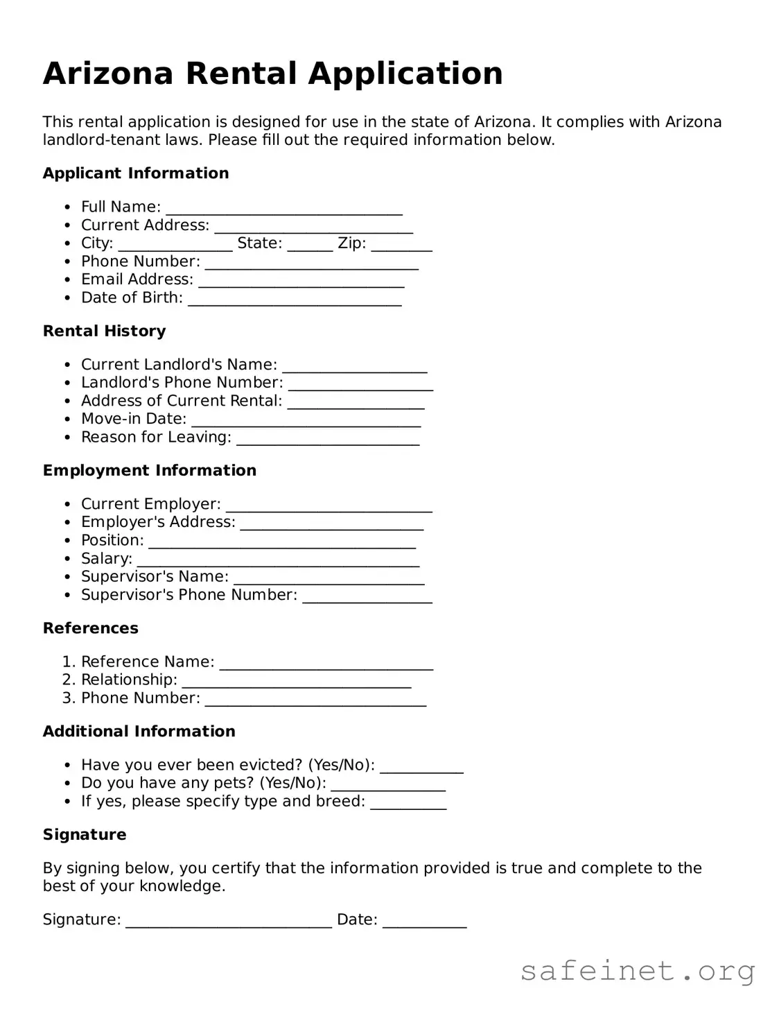 Valid Rental Application Template for the State of Arizona