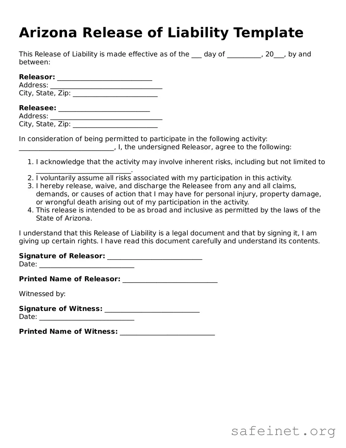 Valid Release of Liability Template for the State of Arizona