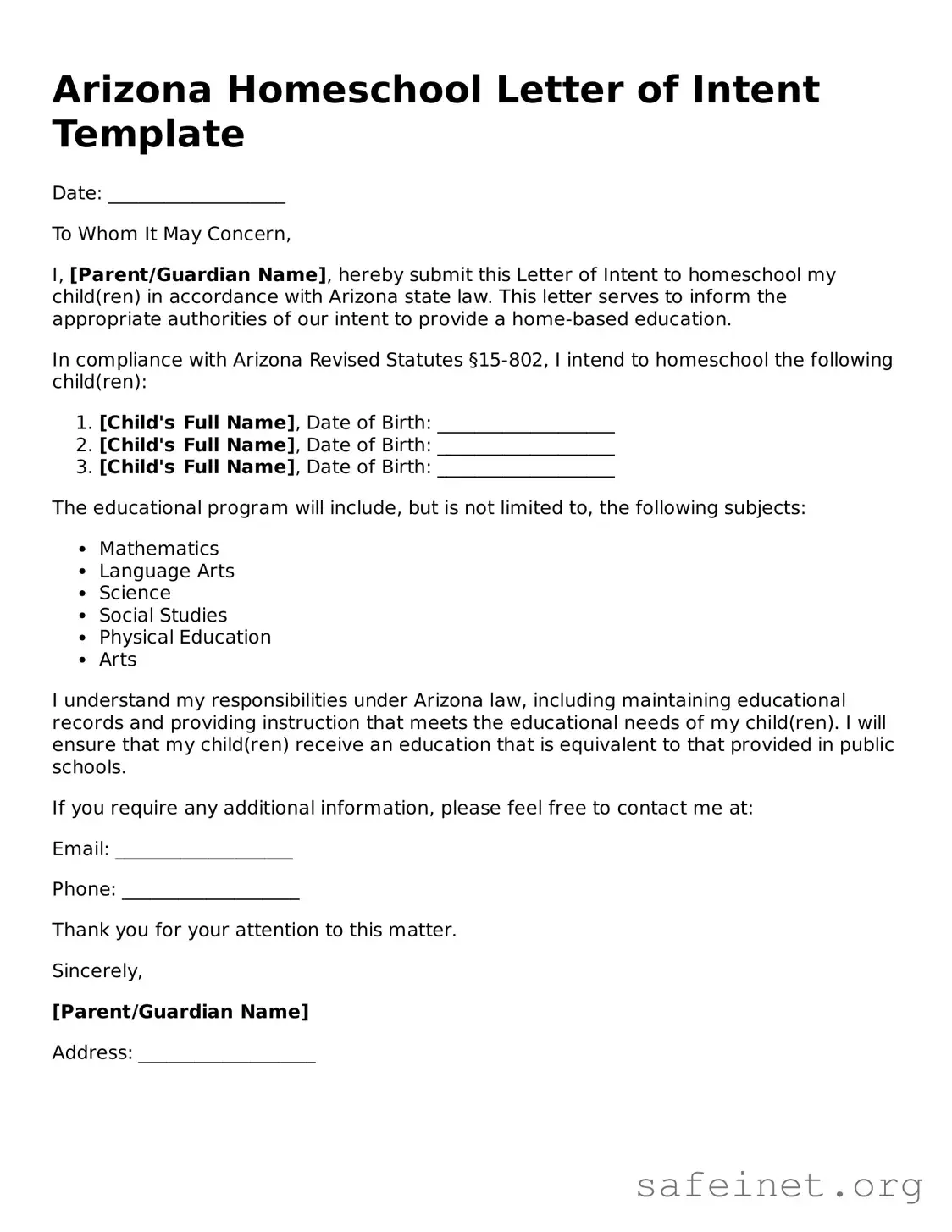 Valid Homeschool Letter of Intent Template for the State of Arizona