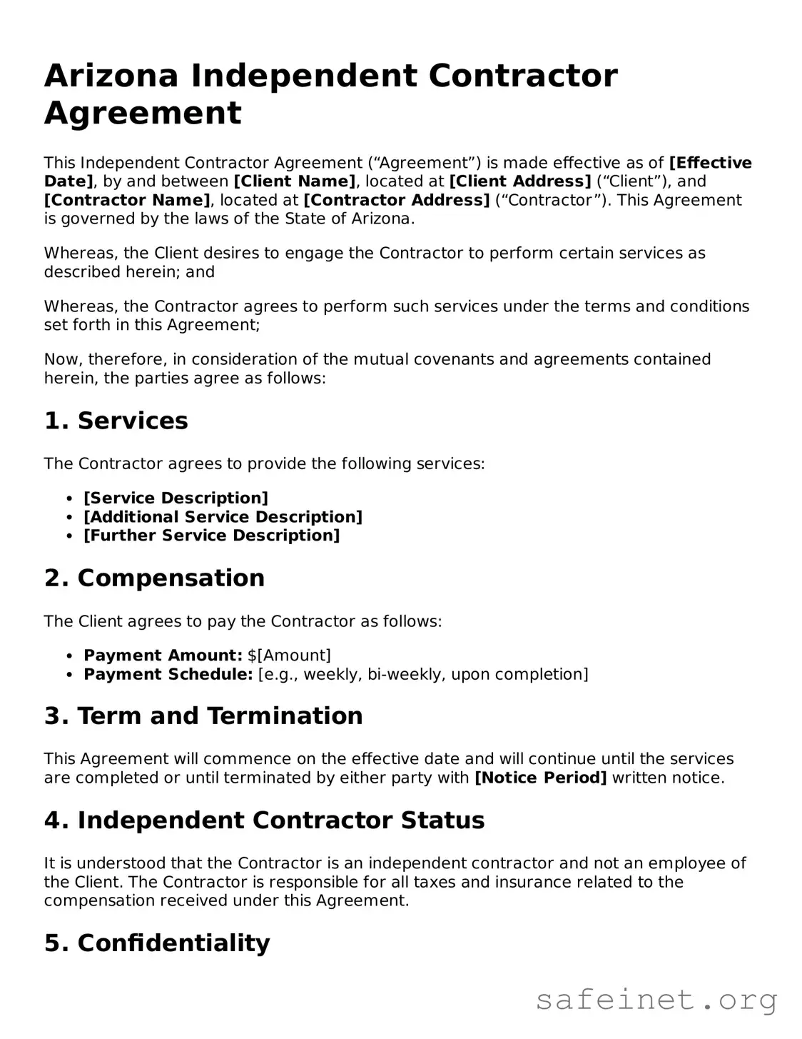 Valid Independent Contractor Agreement Template for the State of Arizona