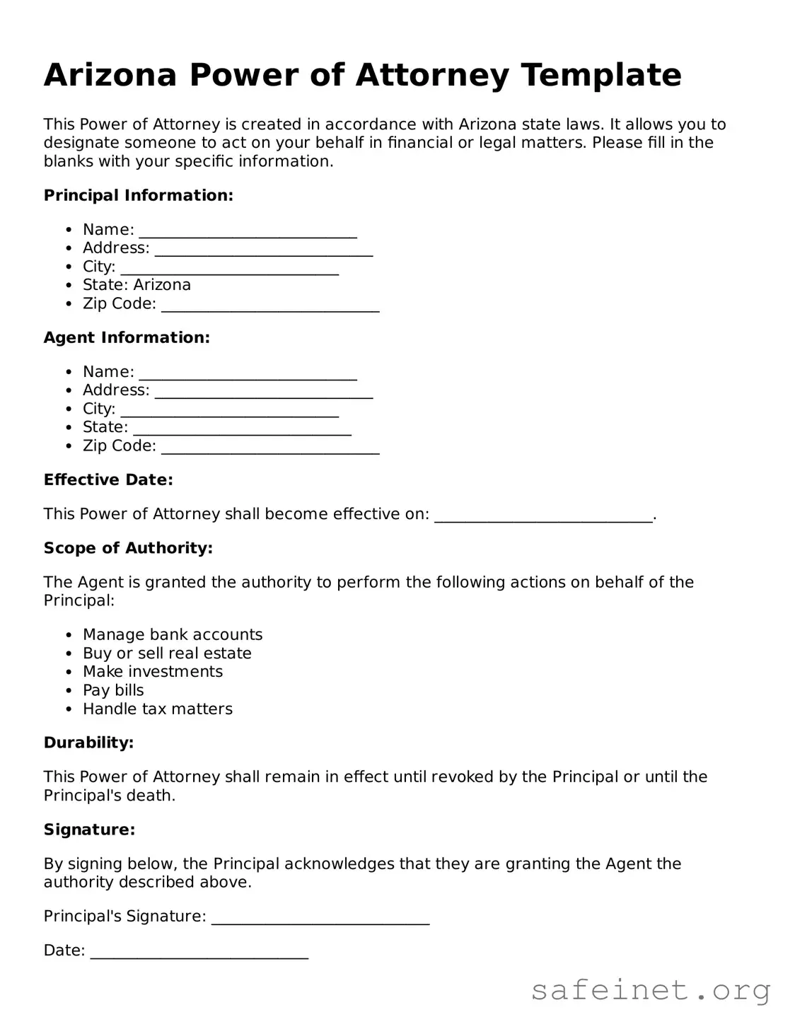 Valid Power of Attorney Template for the State of Arizona