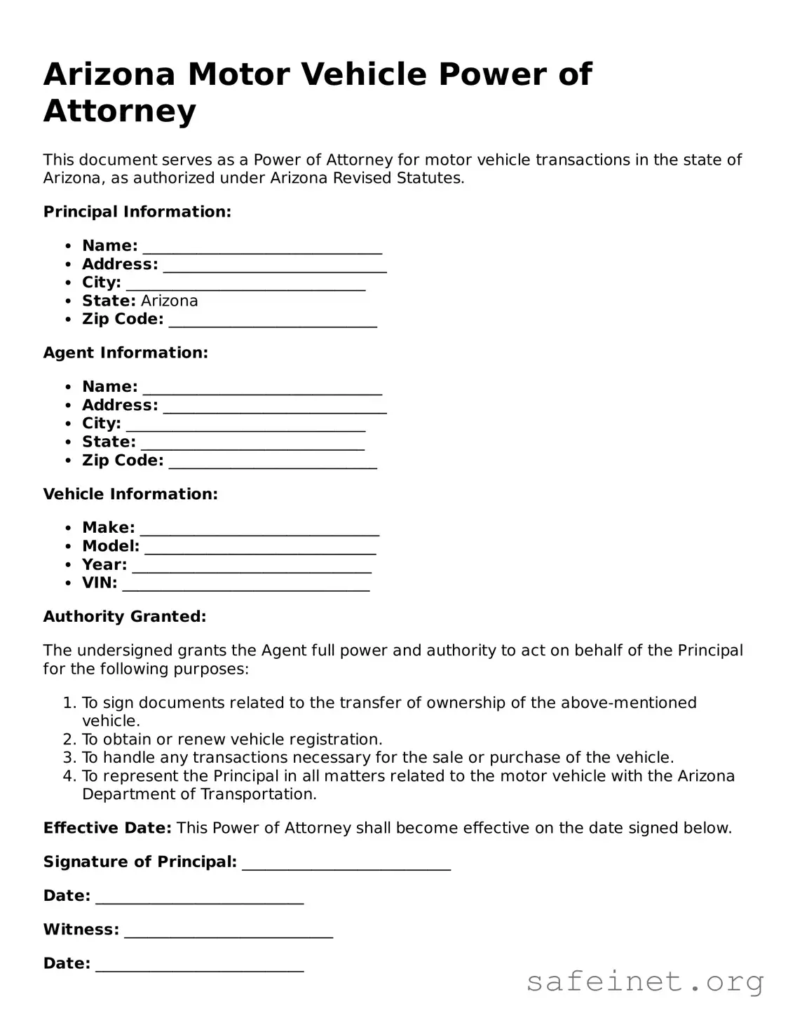 Valid Motor Vehicle Power of Attorney Template for the State of Arizona