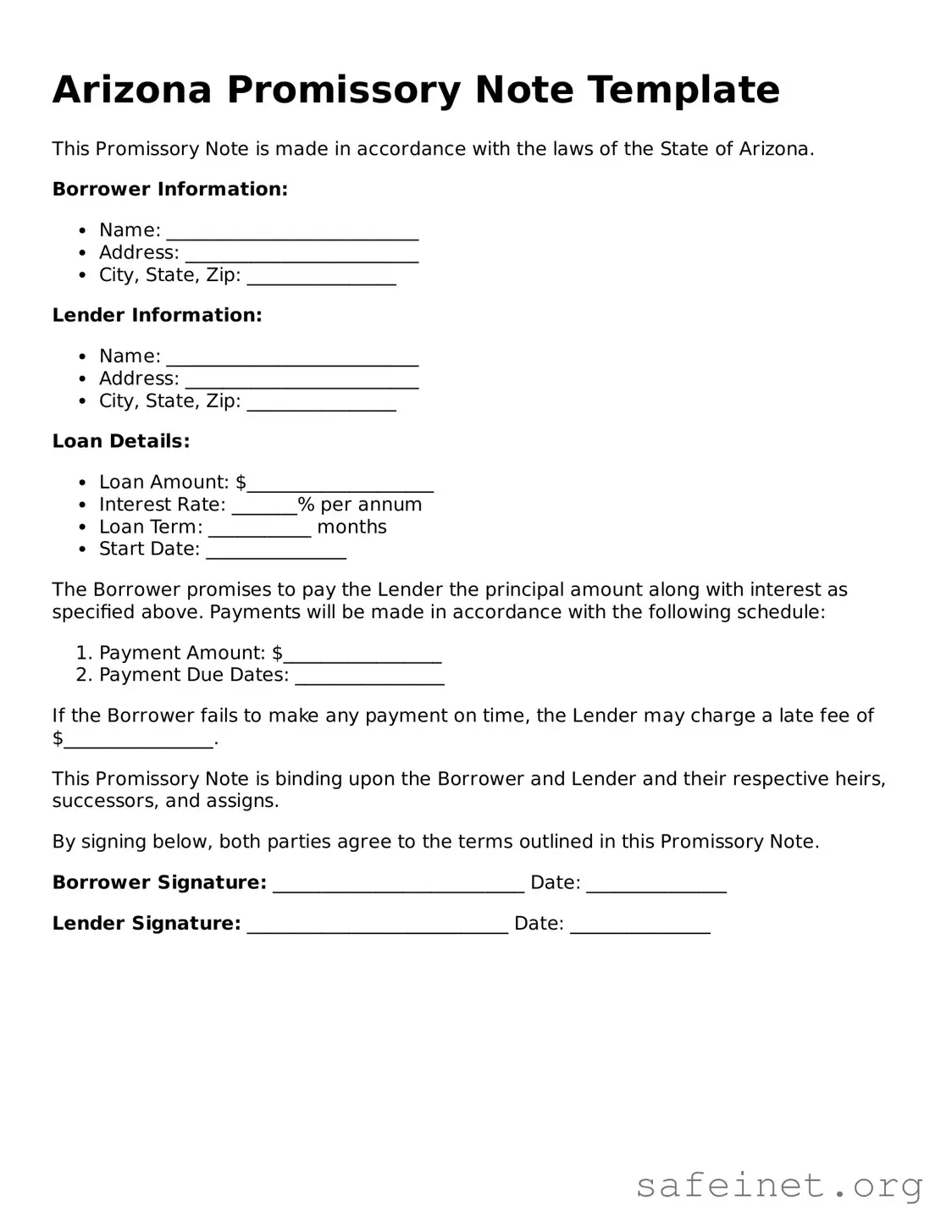 Valid Promissory Note Template for the State of Arizona