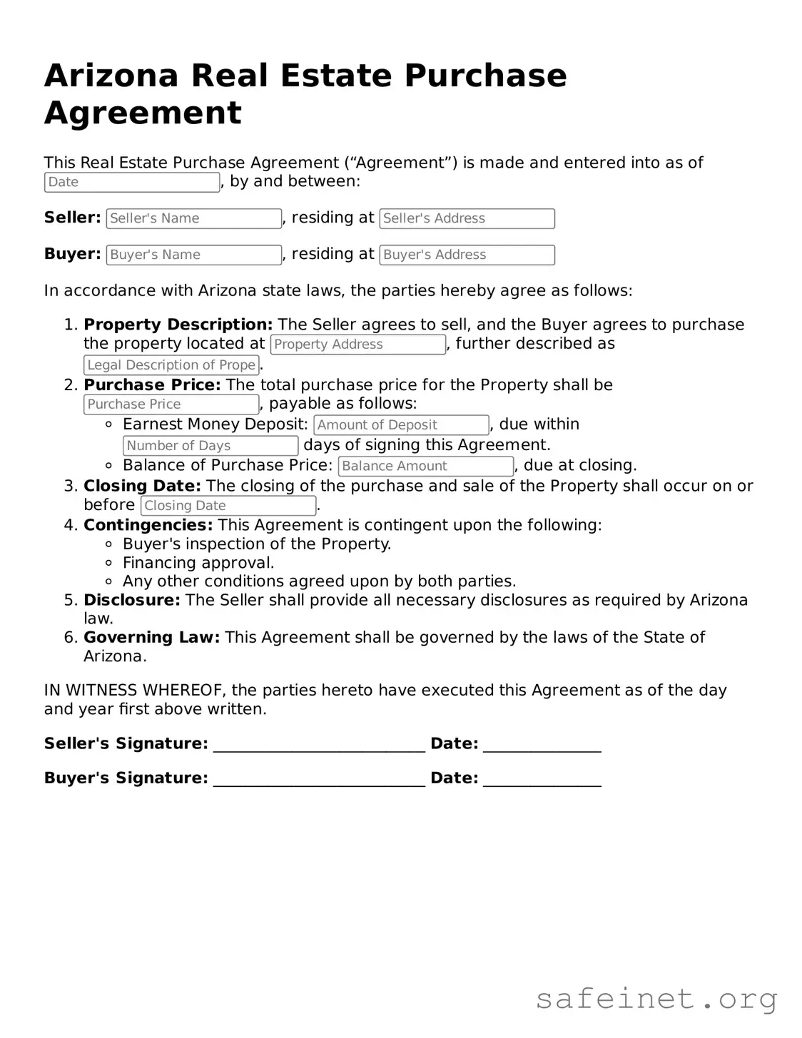Valid Real Estate Purchase Agreement Template for the State of Arizona
