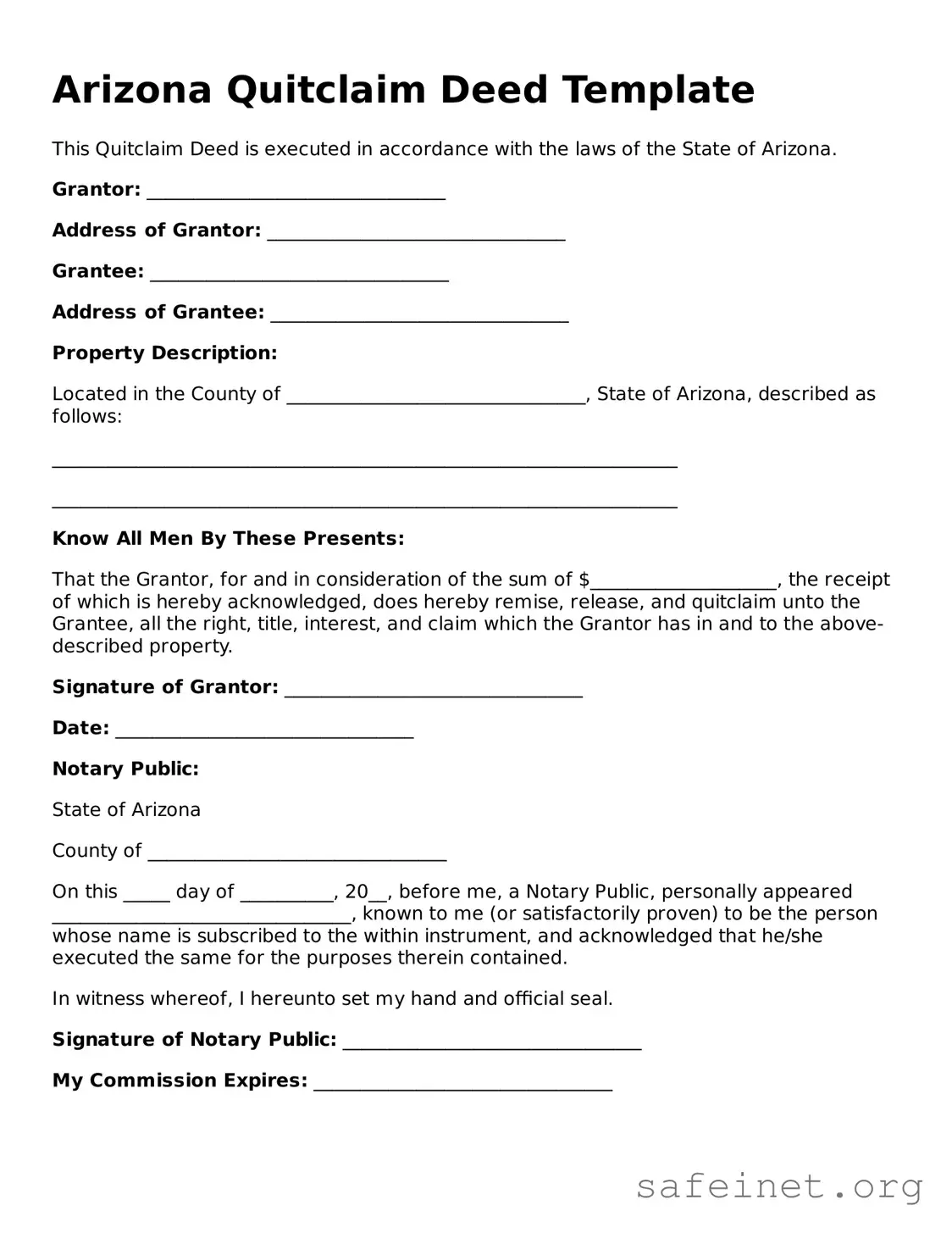 Valid Quitclaim Deed Template for the State of Arizona
