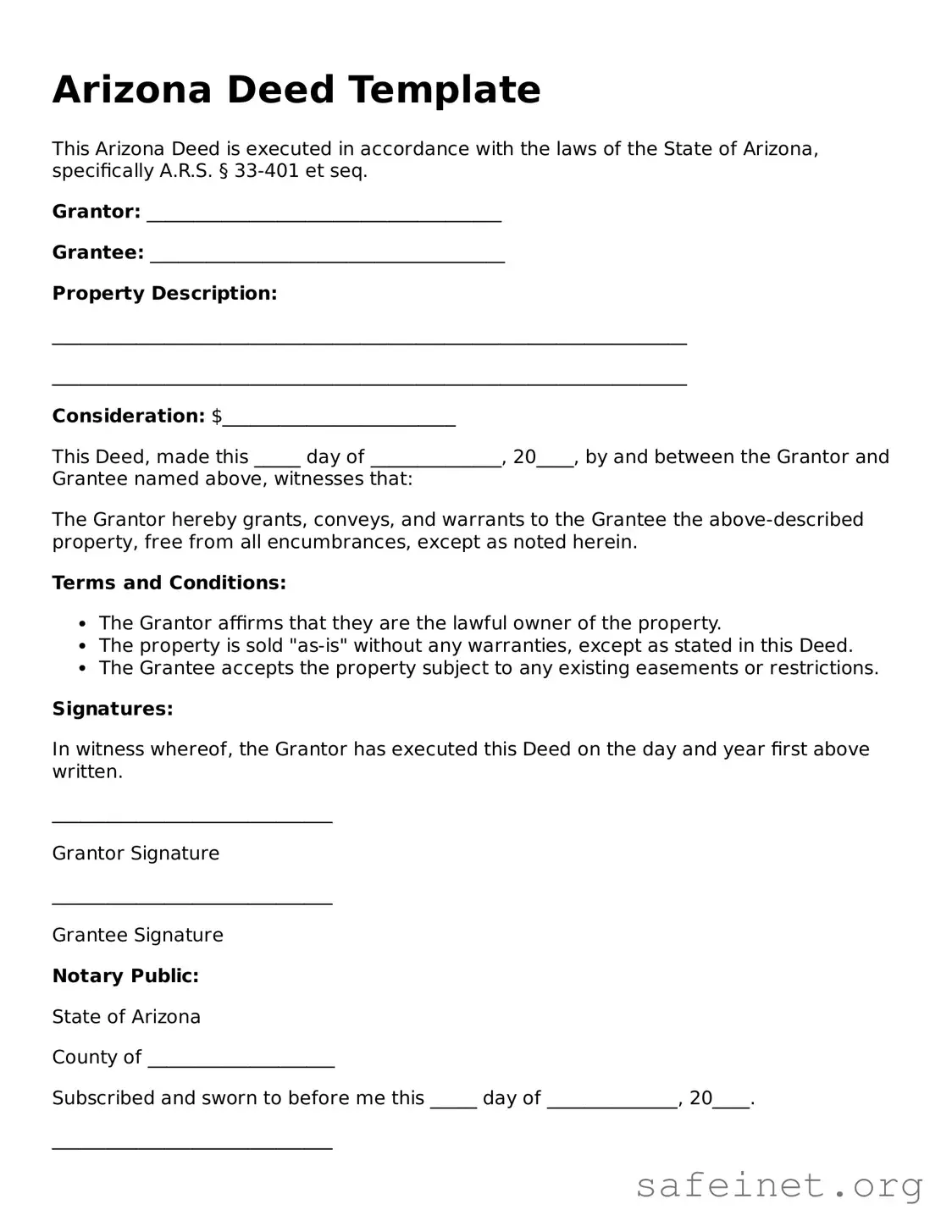 Valid Deed Template for the State of Arizona