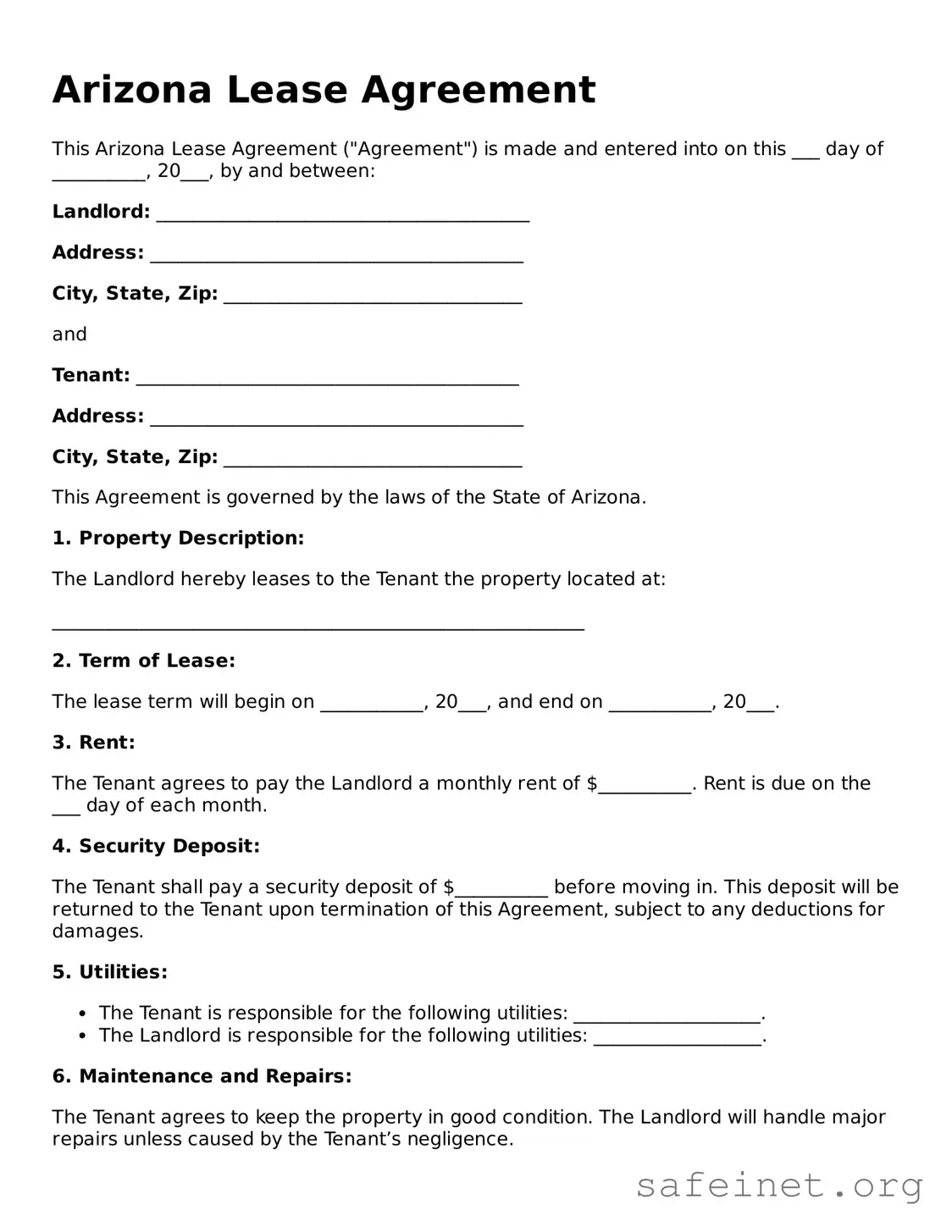 Valid Lease Agreement Template for the State of Arizona