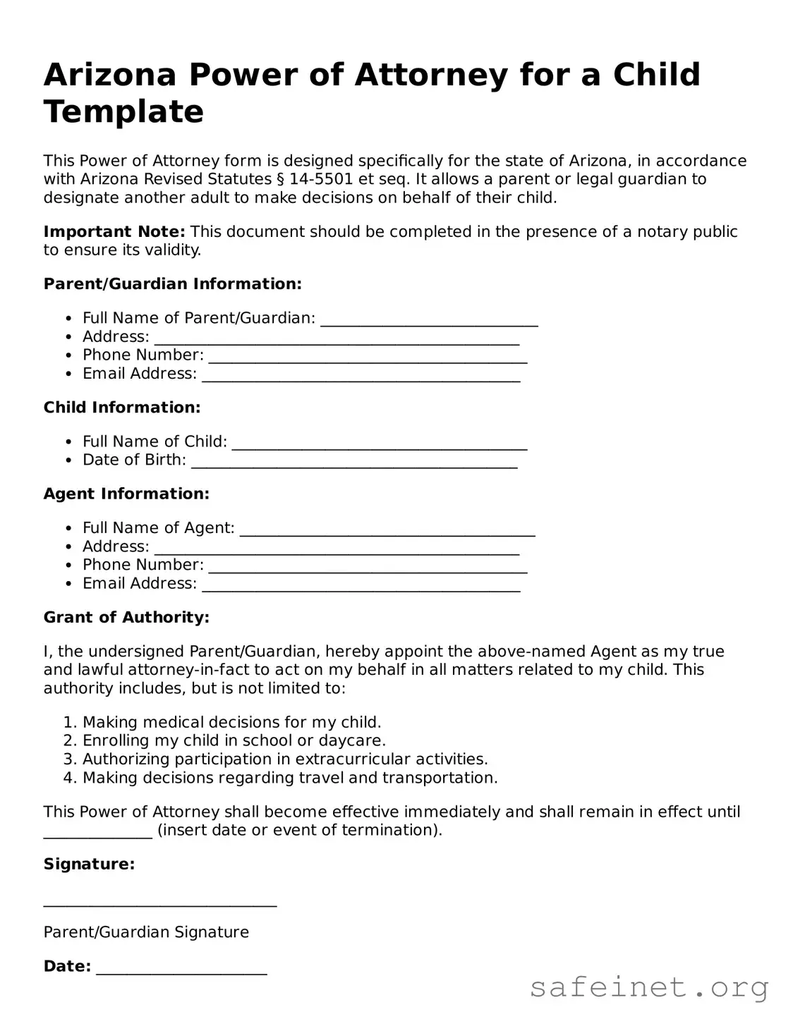 Valid Power of Attorney for a Child Template for the State of Arizona