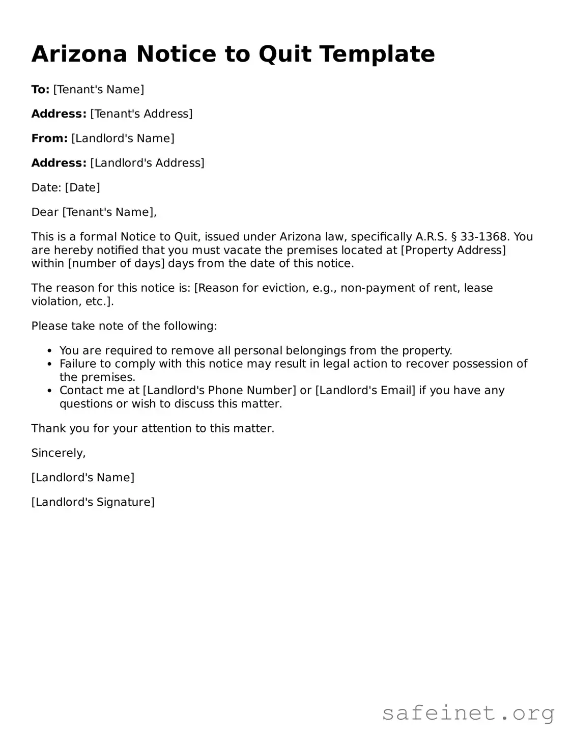 Valid Notice to Quit Template for the State of Arizona