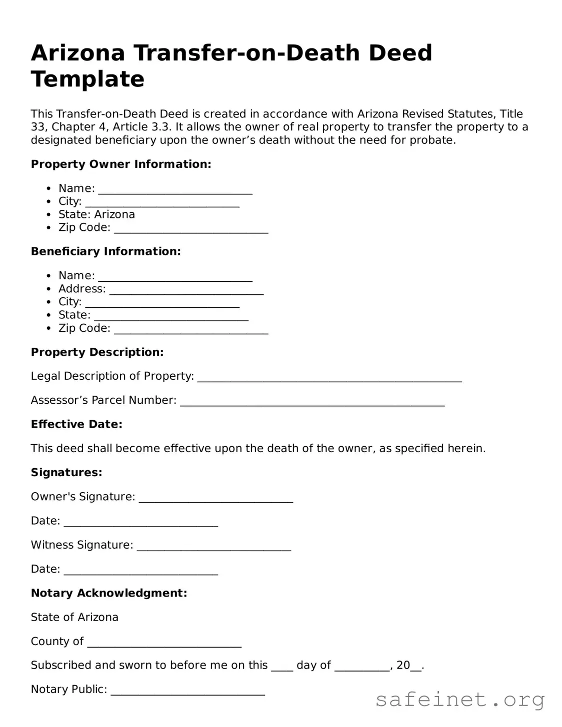 Valid Transfer-on-Death Deed Template for the State of Arizona