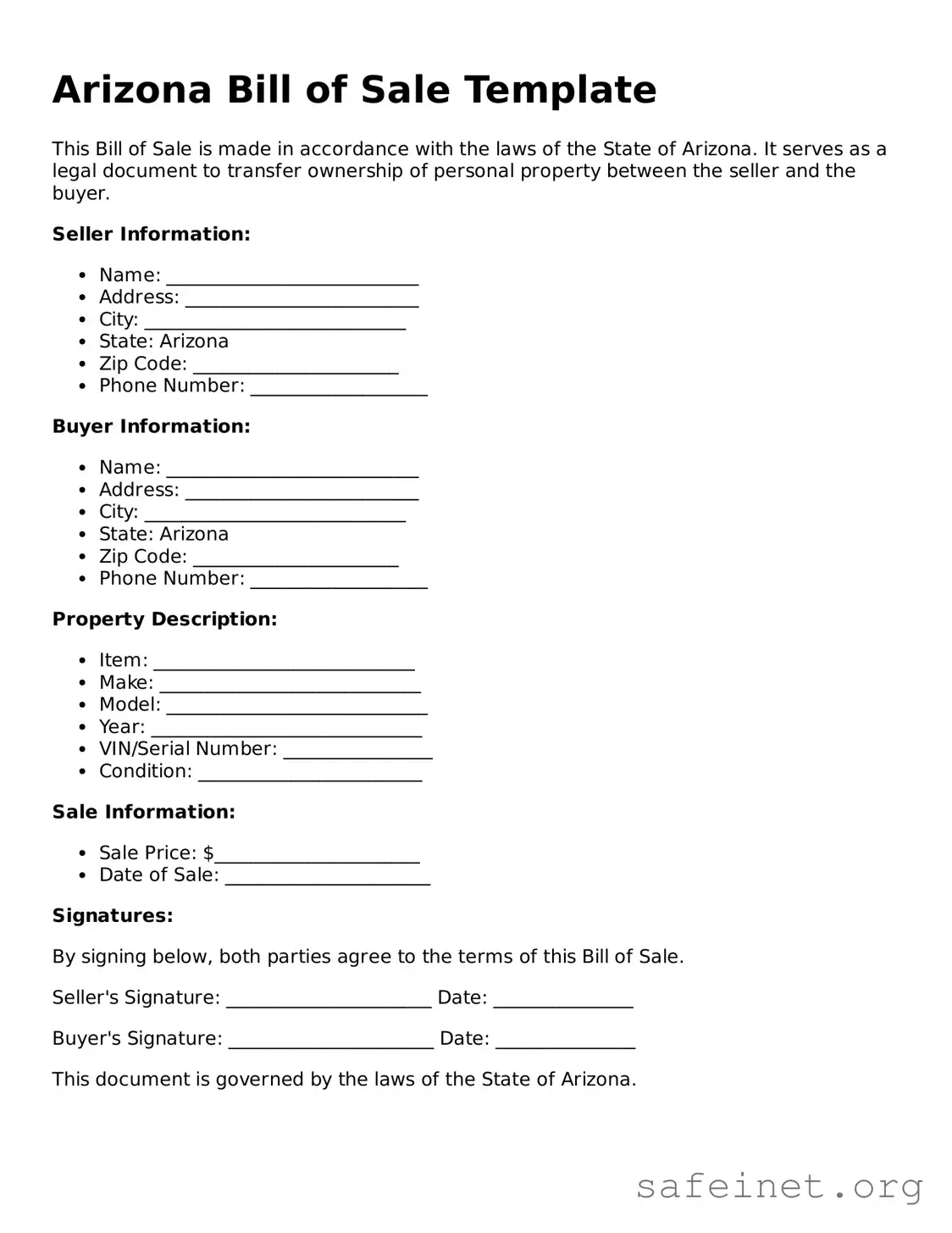 Valid Bill of Sale Template for the State of Arizona