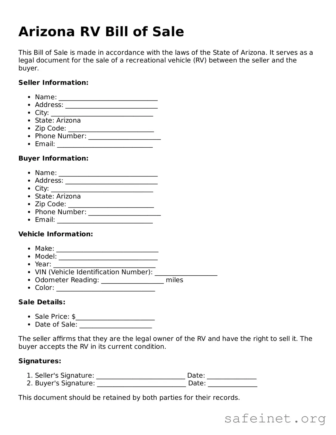 Valid RV Bill of Sale Template for the State of Arizona