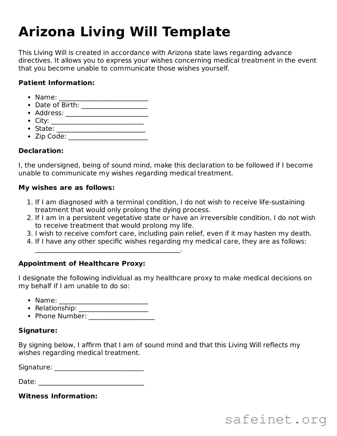 Valid Living Will Template for the State of Arizona